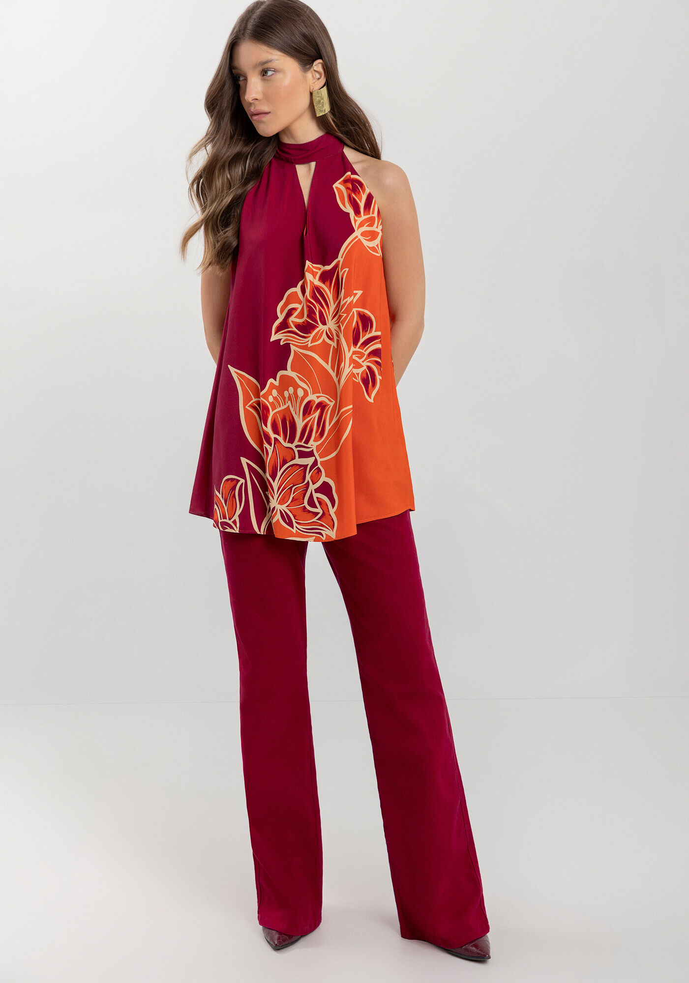 Blusa Alongada Estampada Sem Mangas Com Amarra&ccedil;&atilde;o, ANEMONE VERMELHO, large.