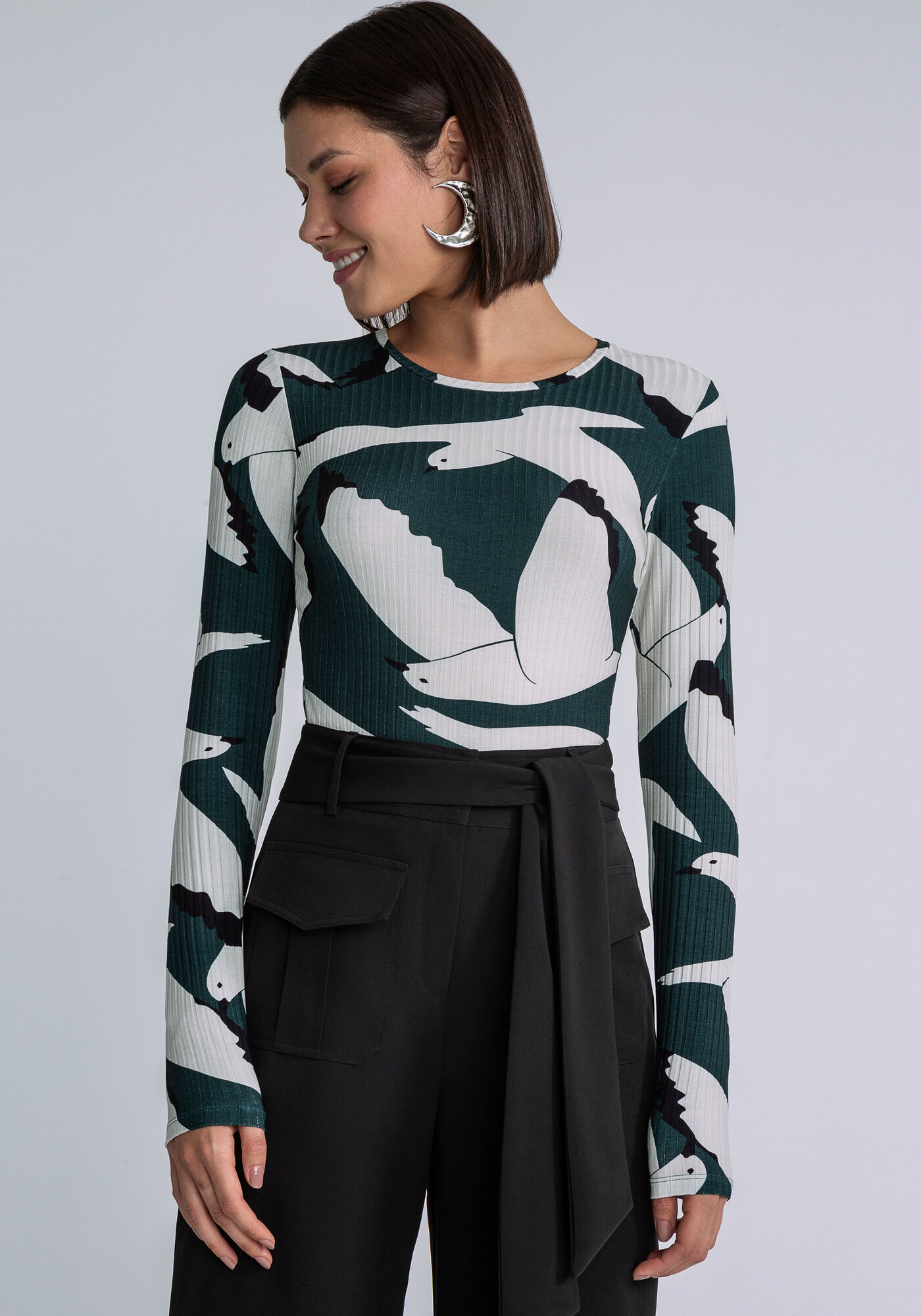 Body Manga Longa Canelado Estampa, VOAR, large.