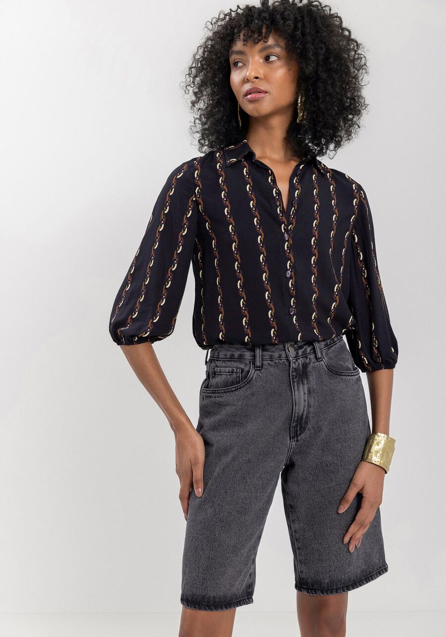 Camisa Estampada De Mangas Médias Em Viscose Com Botões, CHAIN PRETO. Camisa Estampada De Mangas Médias Em Viscose Com Botões, CHAIN PRETO, large.
