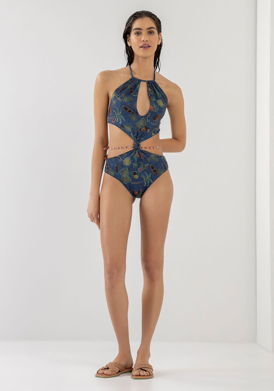 Maiô Estampado com Cut Out e Cinto Miçangas, . Maiô Estampado com Cut Out e Cinto Miçangas, , large.