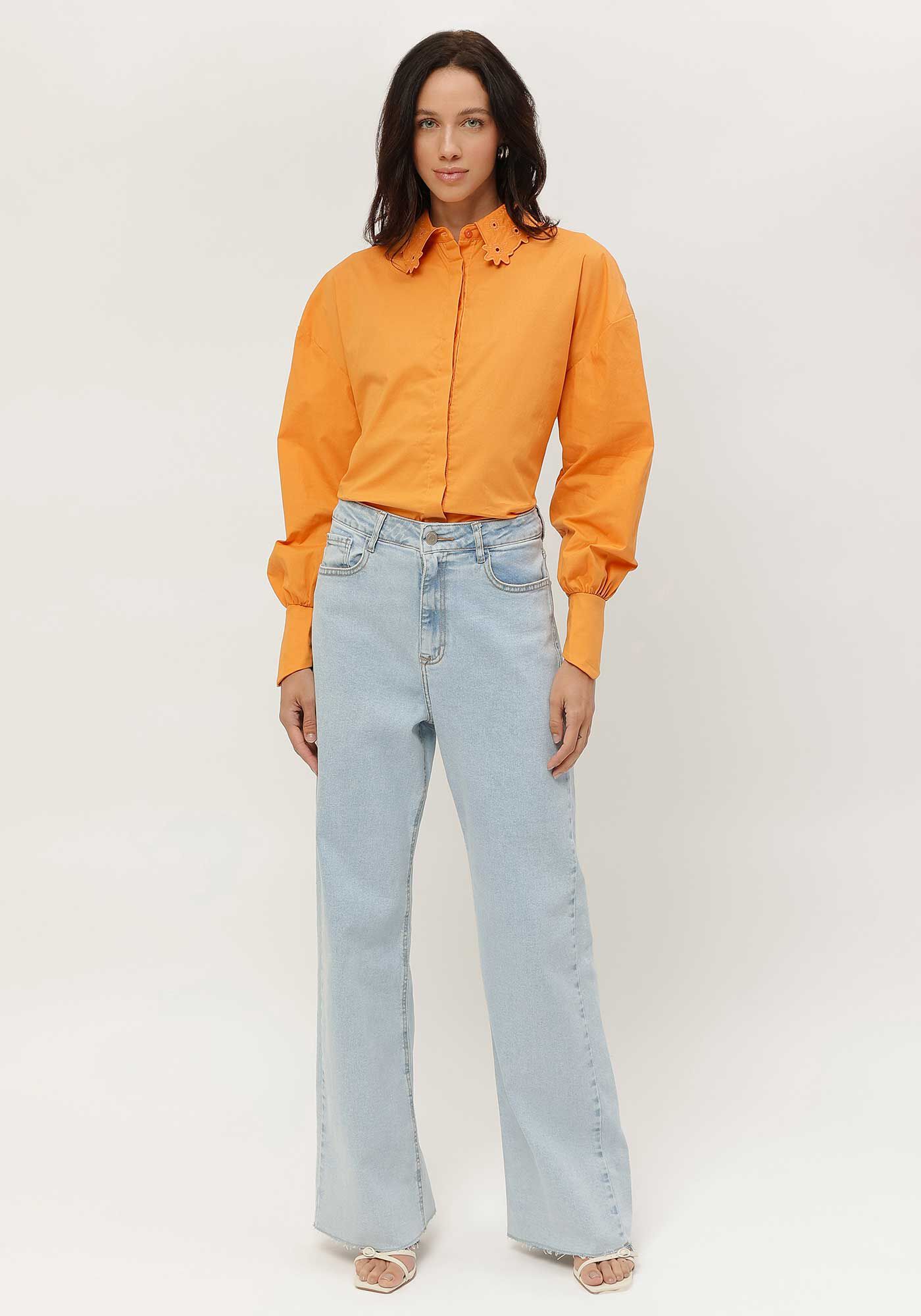 Camisa Manga Longa com Flores Gola, LARANJA CAJA, large.