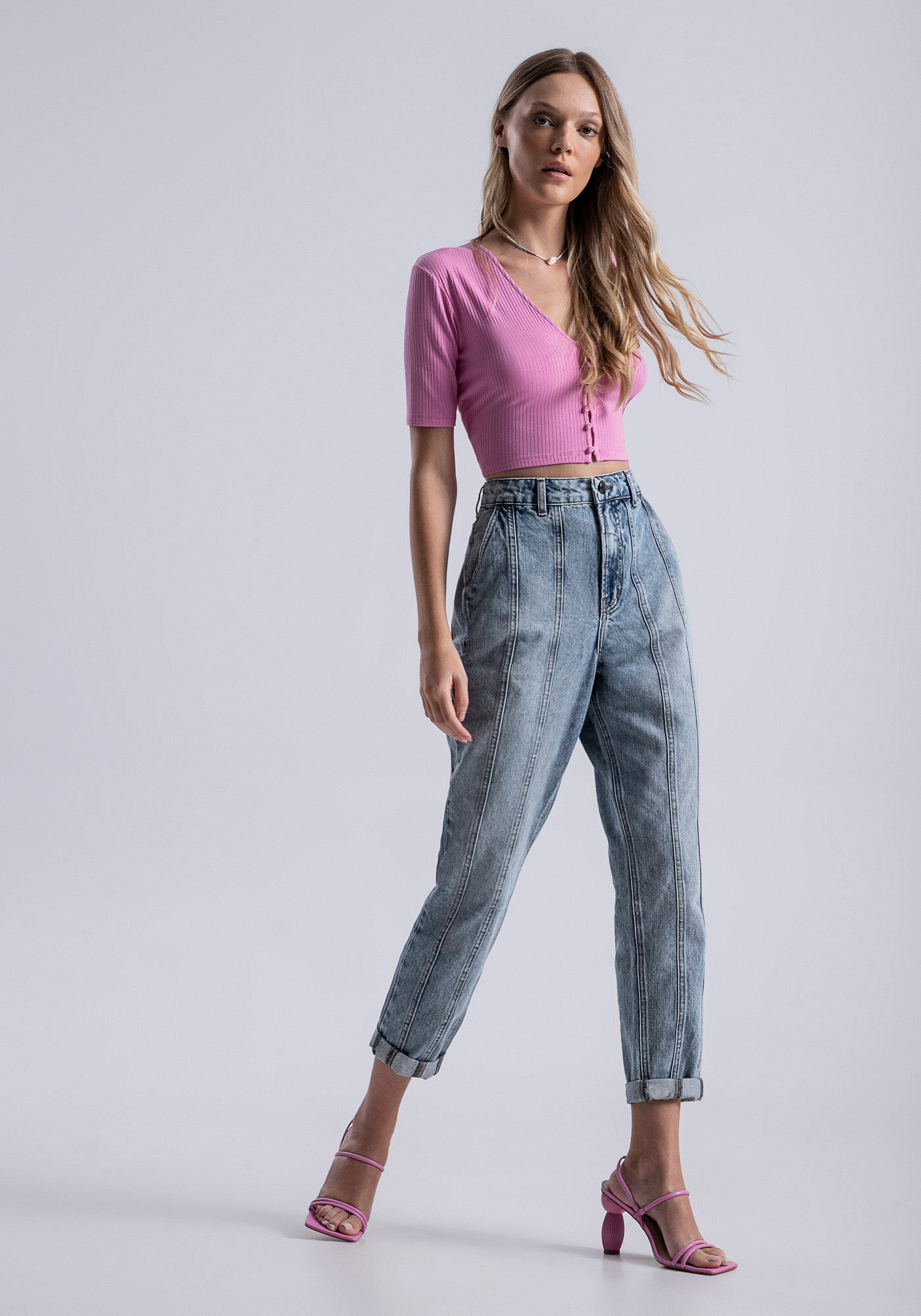 Cal&ccedil;a Jeans Mom Estonada com Pespontos, , large.