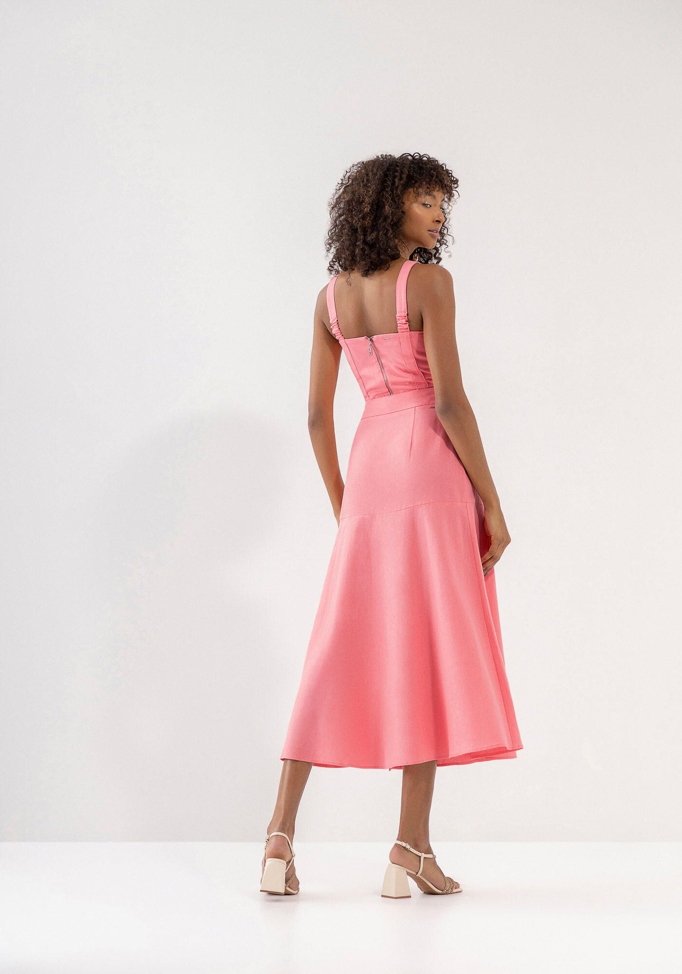 Saia Cintura M&eacute;dia Midi Linho, ROSA PUMPKIN, large.