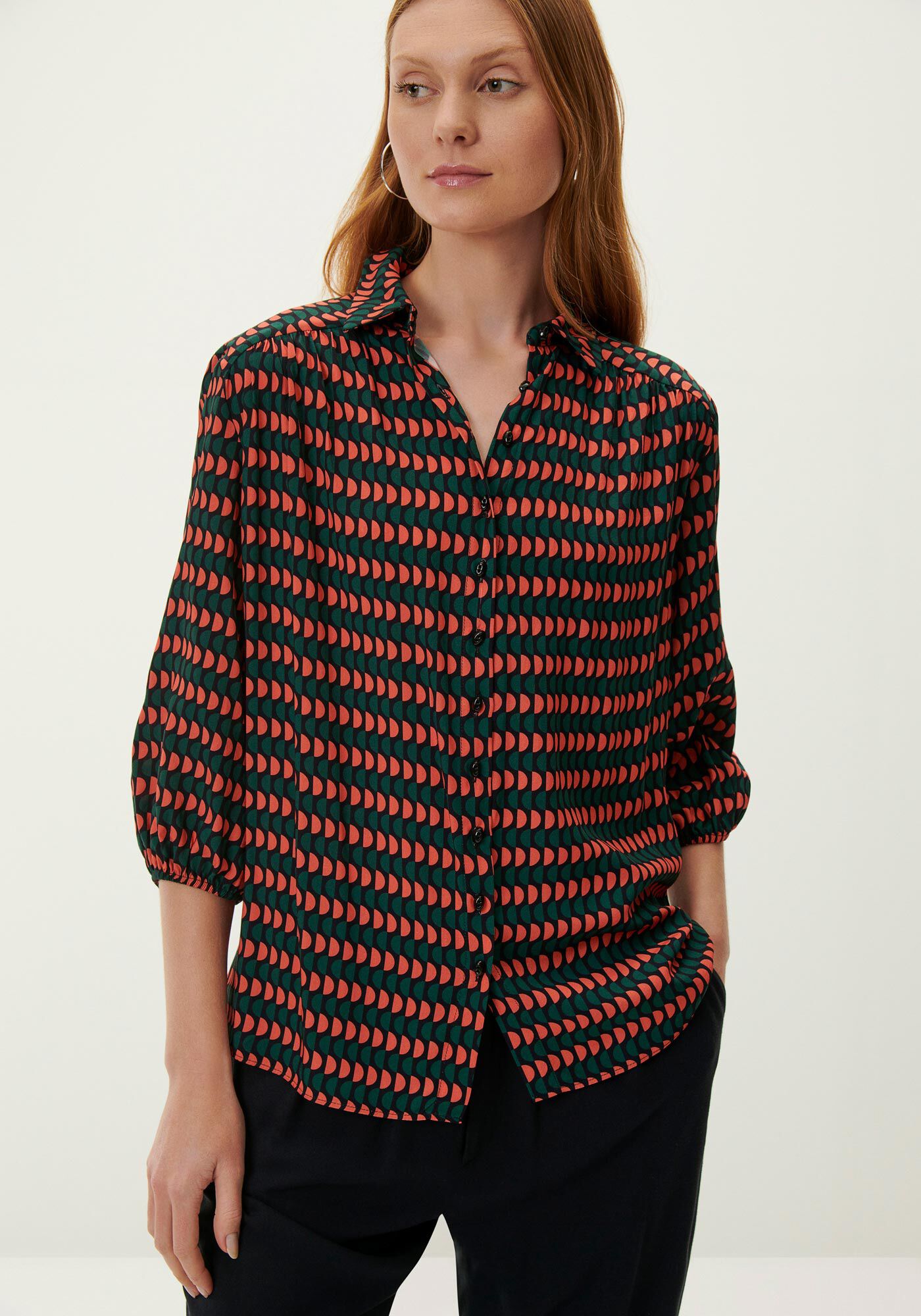 Camisa Estampada em Viscose com Manga 3/4 Bufante, , large.