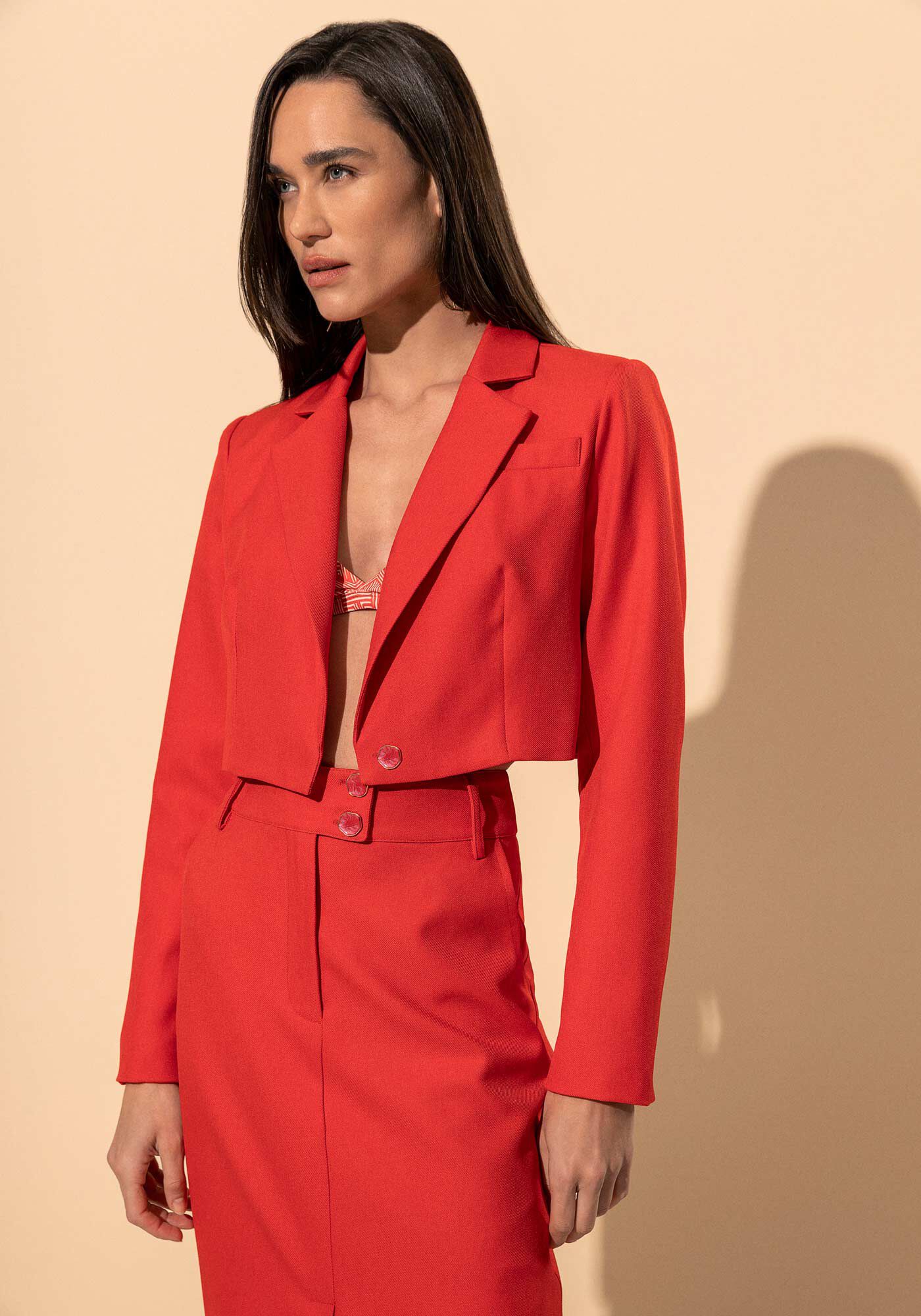 Blazer Cropped Com Lapelas E Bot&atilde;o Em Tecido Plano, VERMELHO CLAIR, large.