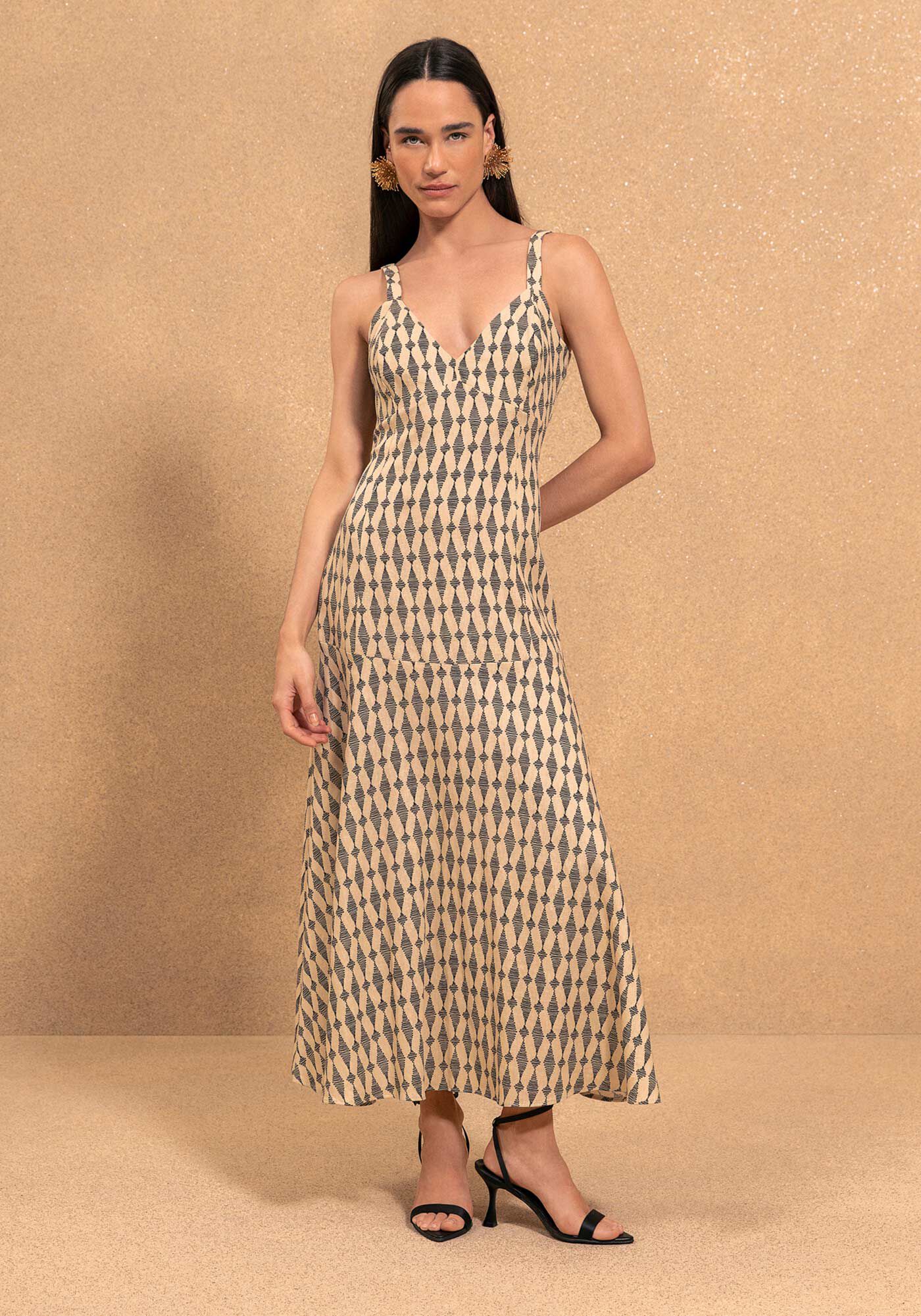 Vestido Estampado De Al&ccedil;as Ch&aacute; Com Decote em V, CORDOES BEGE, large.