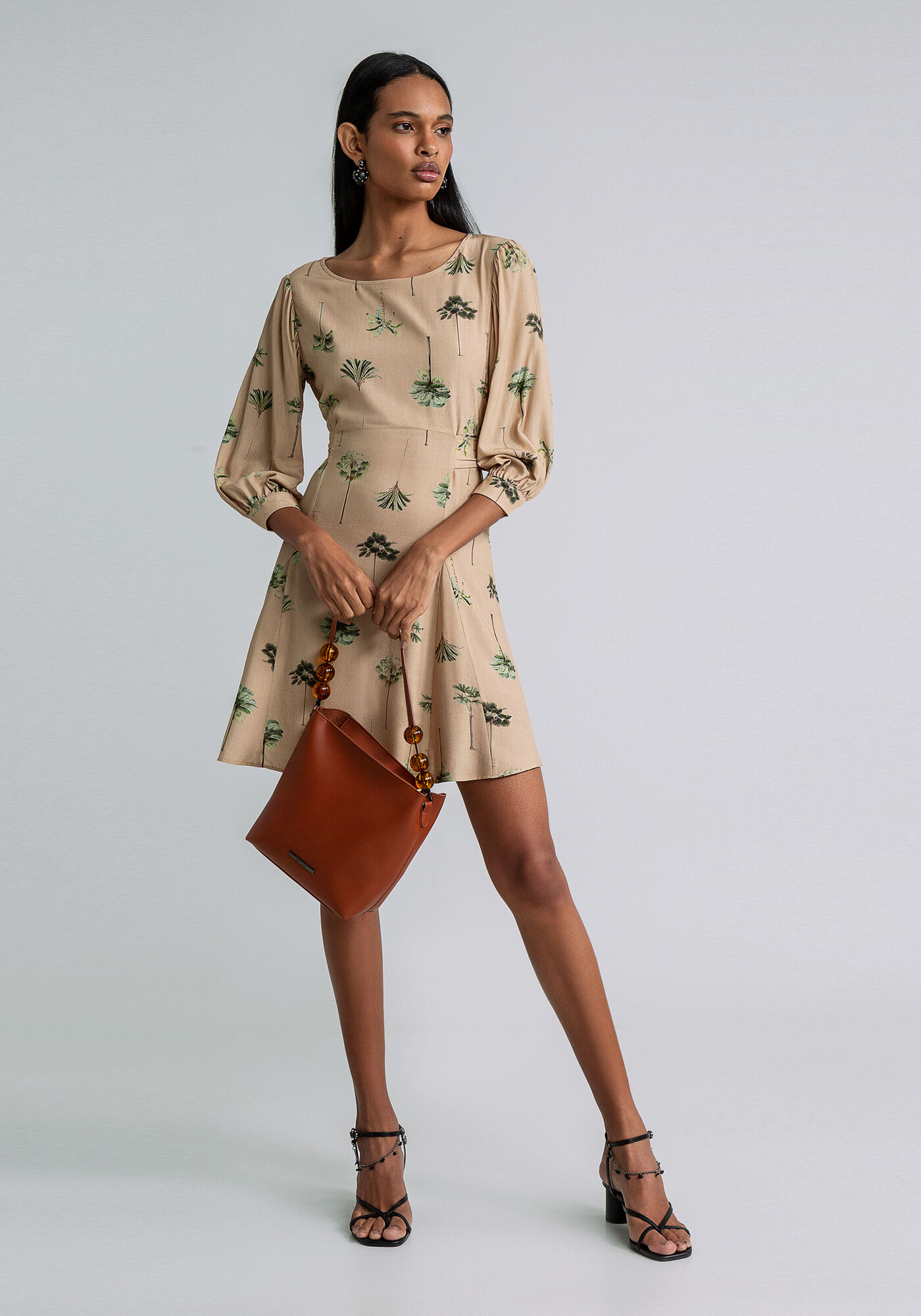 Vestido Manga 3/4 Bufante Estampado, ARVOREDO, large.