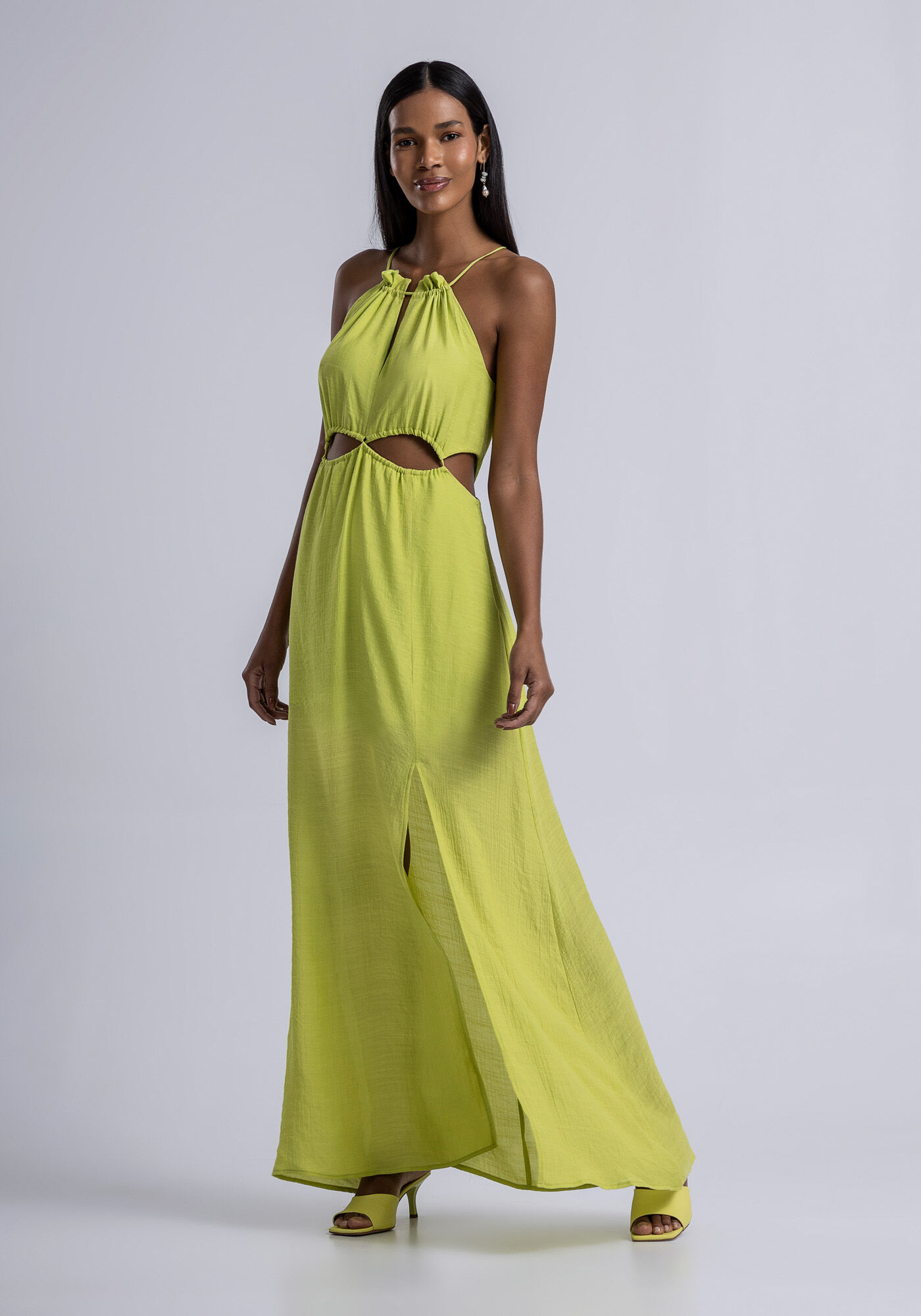 Vestido Longo em Tecido Shantung com Cut Out Lez a Lez