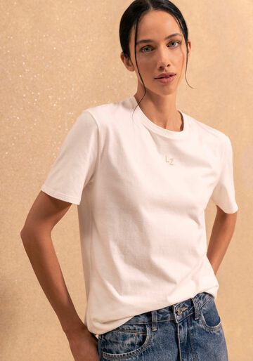 T- shirt Básica Com Bordado Em Malha Penteada De Algodão, BRANCO OFF WHITE. T- shirt Básica Com Bordado Em Malha Penteada De Algodão, BRANCO OFF WHITE, large.