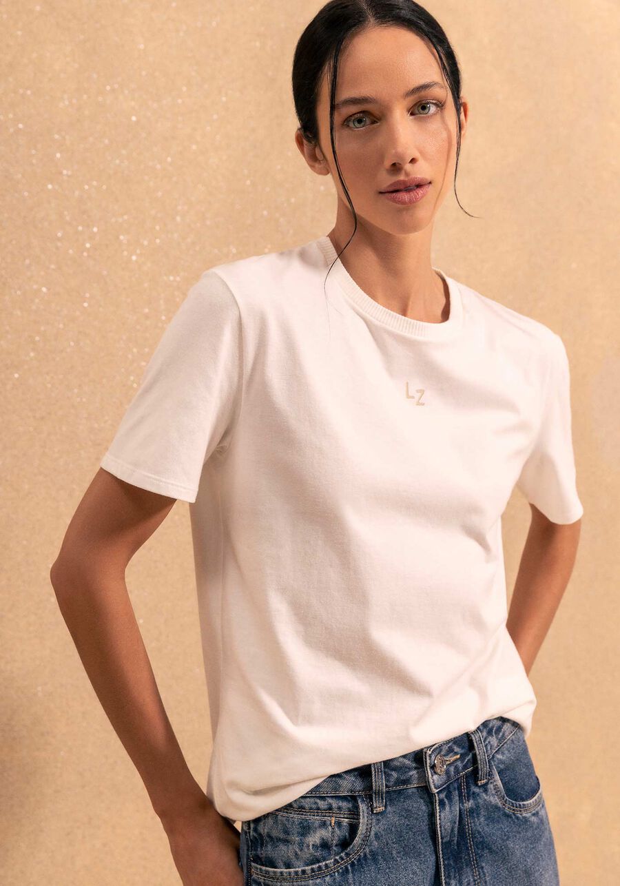 T- shirt Básica Com Bordado Em Malha Penteada De Algodão, BRANCO OFF WHITE. T- shirt Básica Com Bordado Em Malha Penteada De Algodão, BRANCO OFF WHITE, large.