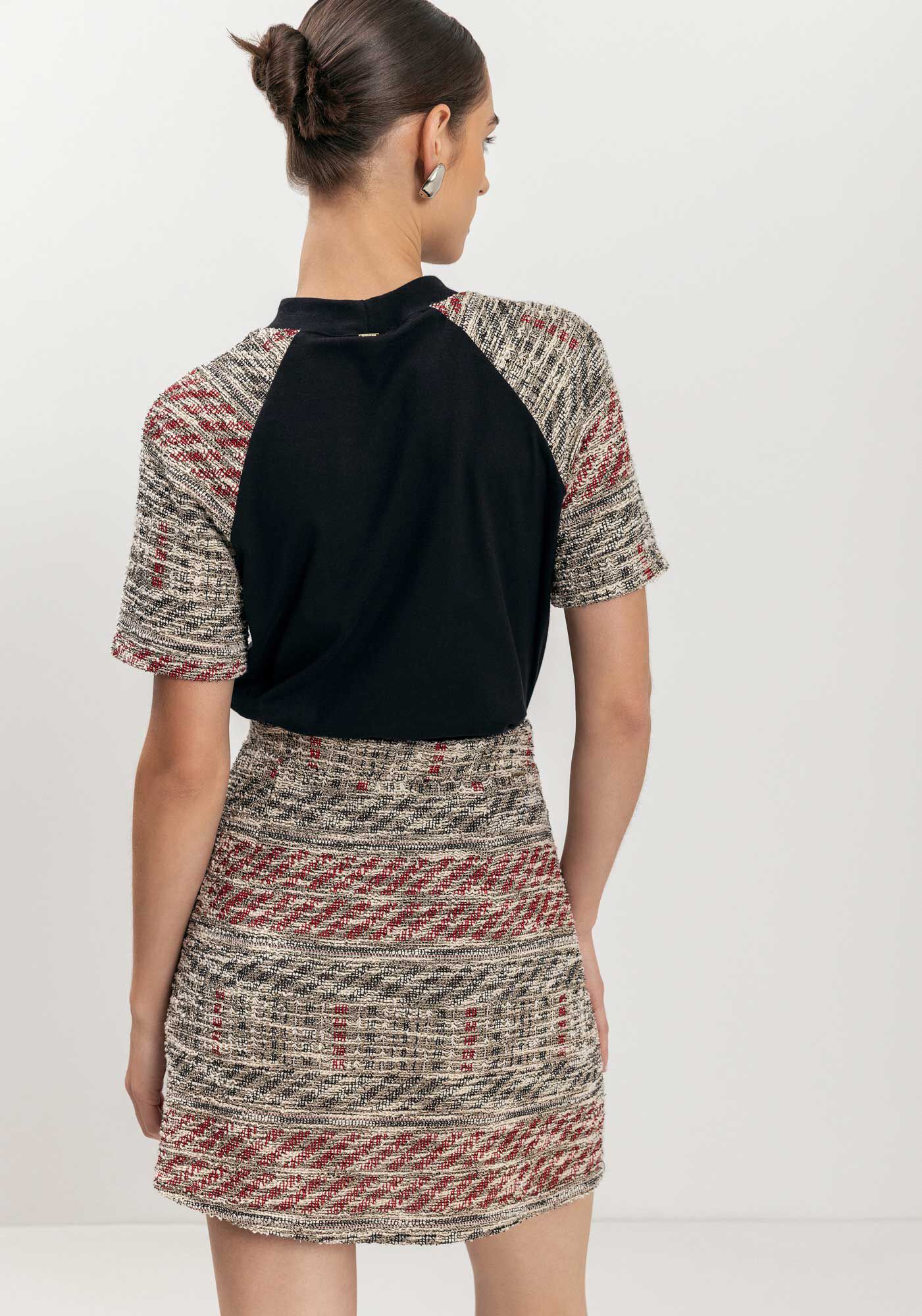 Blusa Em Malha De Algod&atilde;o Com Mangas Curtas Em Tweed, PRETO, large.