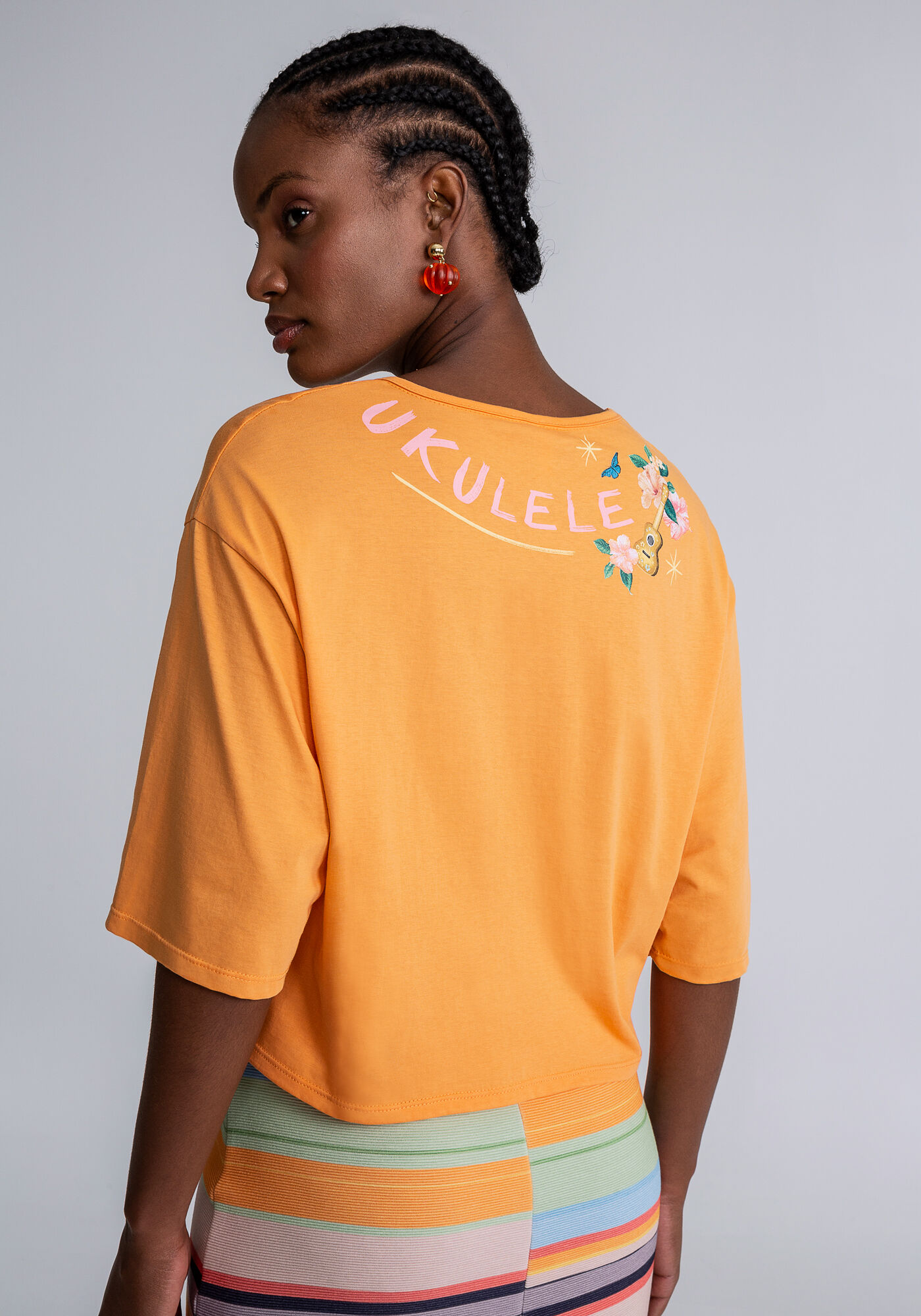 Blusa Cropped Ampla Estampa Ukulele, LARANJA LIRIO, large.