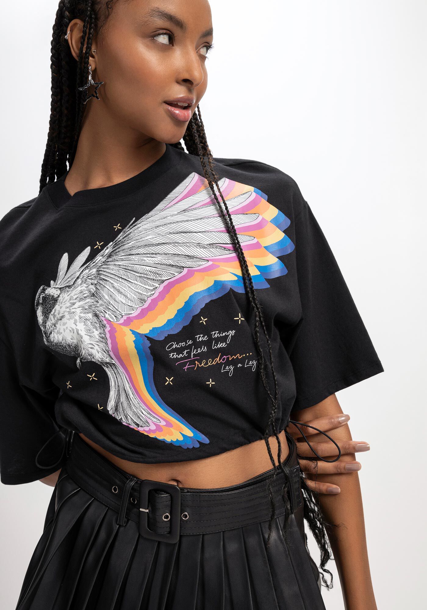 T-shirt Cropped Estampada com Regulador, PRETO REATIVO, large.