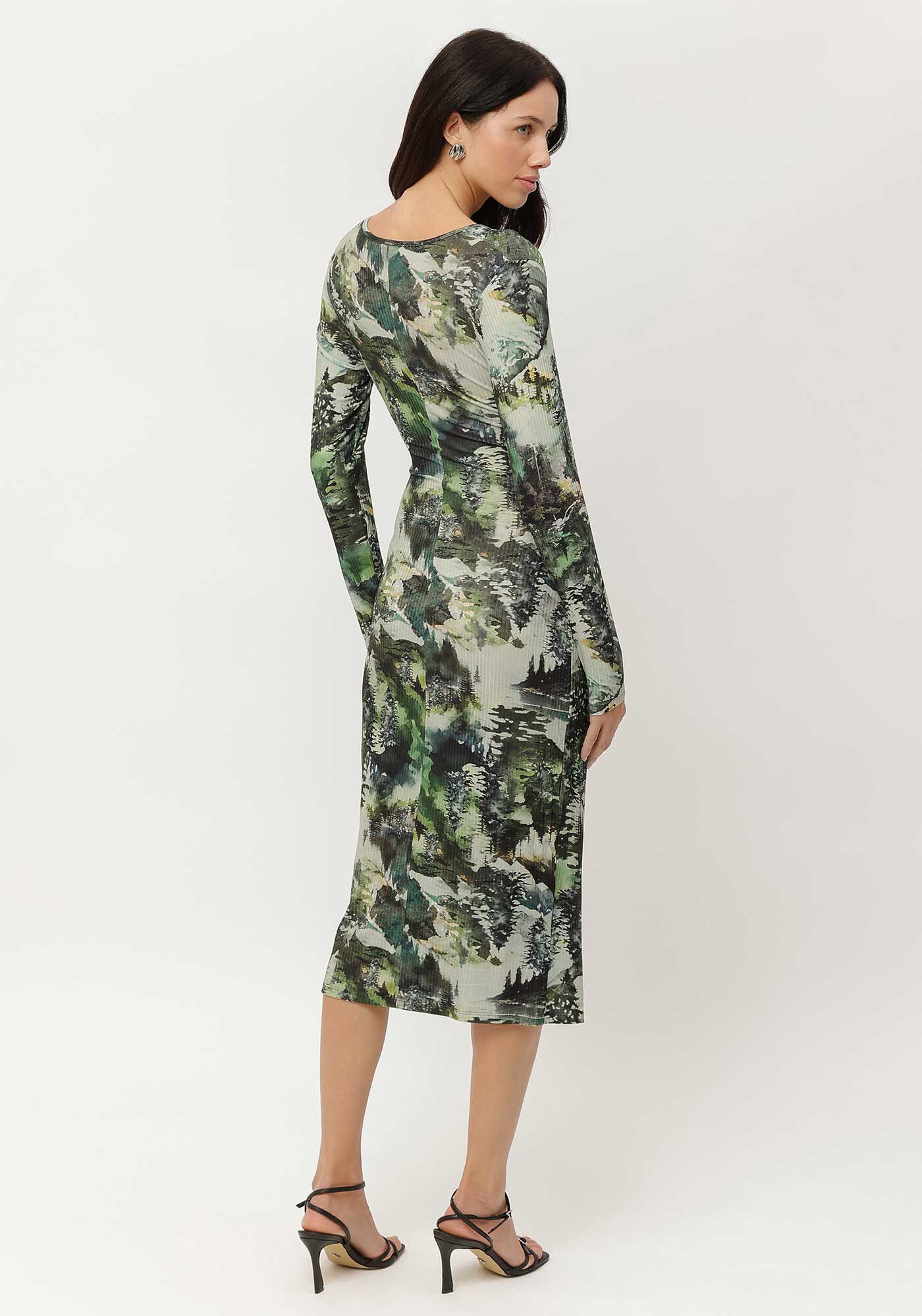 Vestido Midi Manga Longa Canelado Estampado, , large.