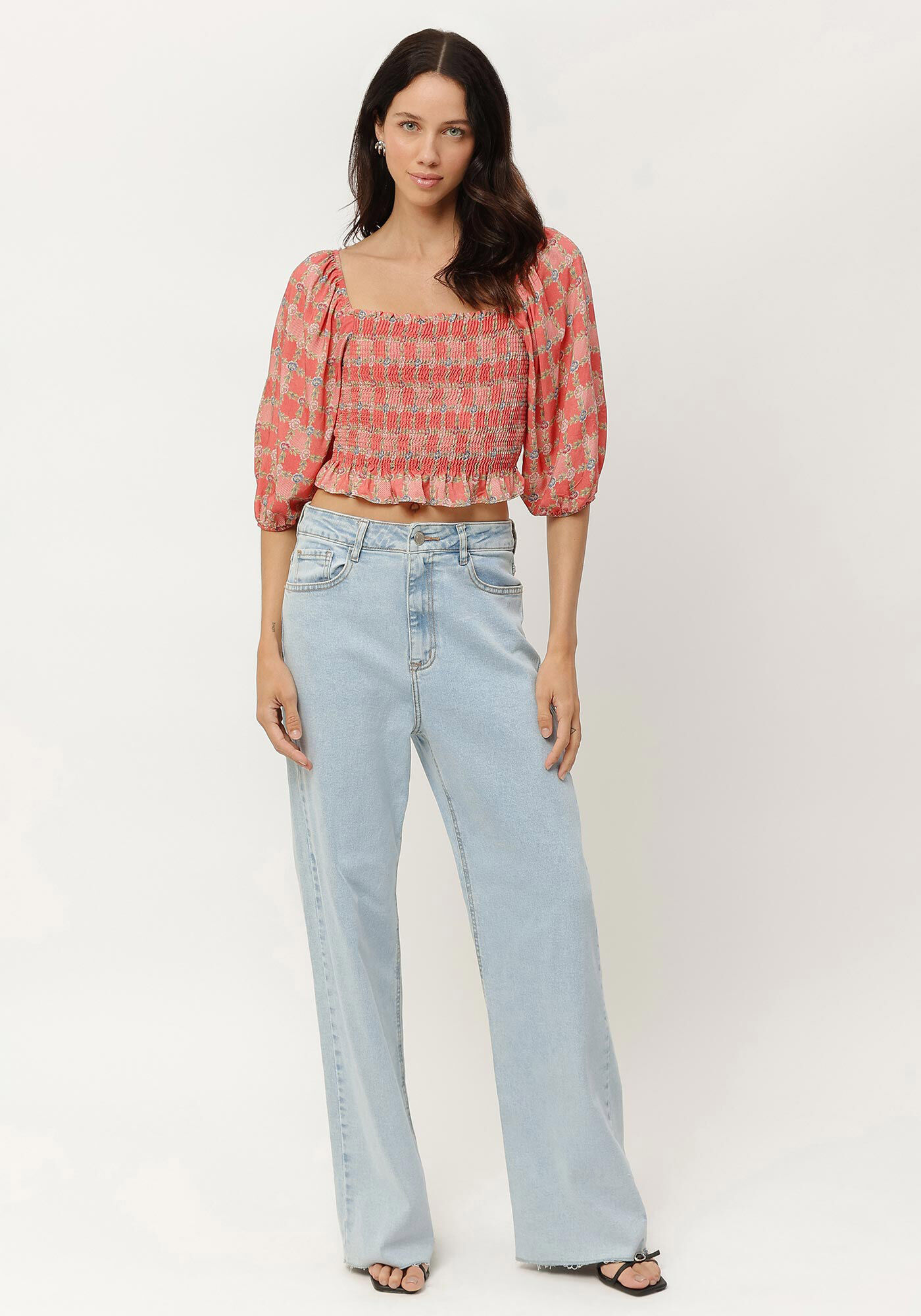 Blusa Manga Bufante Estampada Cropped com Lastex, , large.