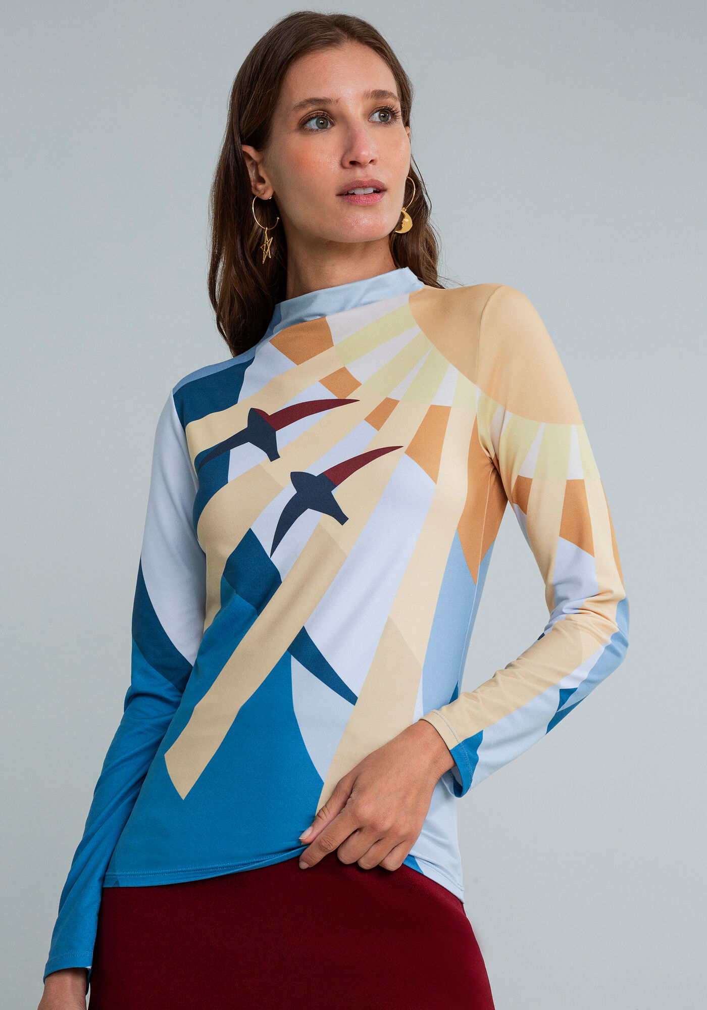 Blusa Manga Longa Gola Alta Estampa, MIGRACAO, large.