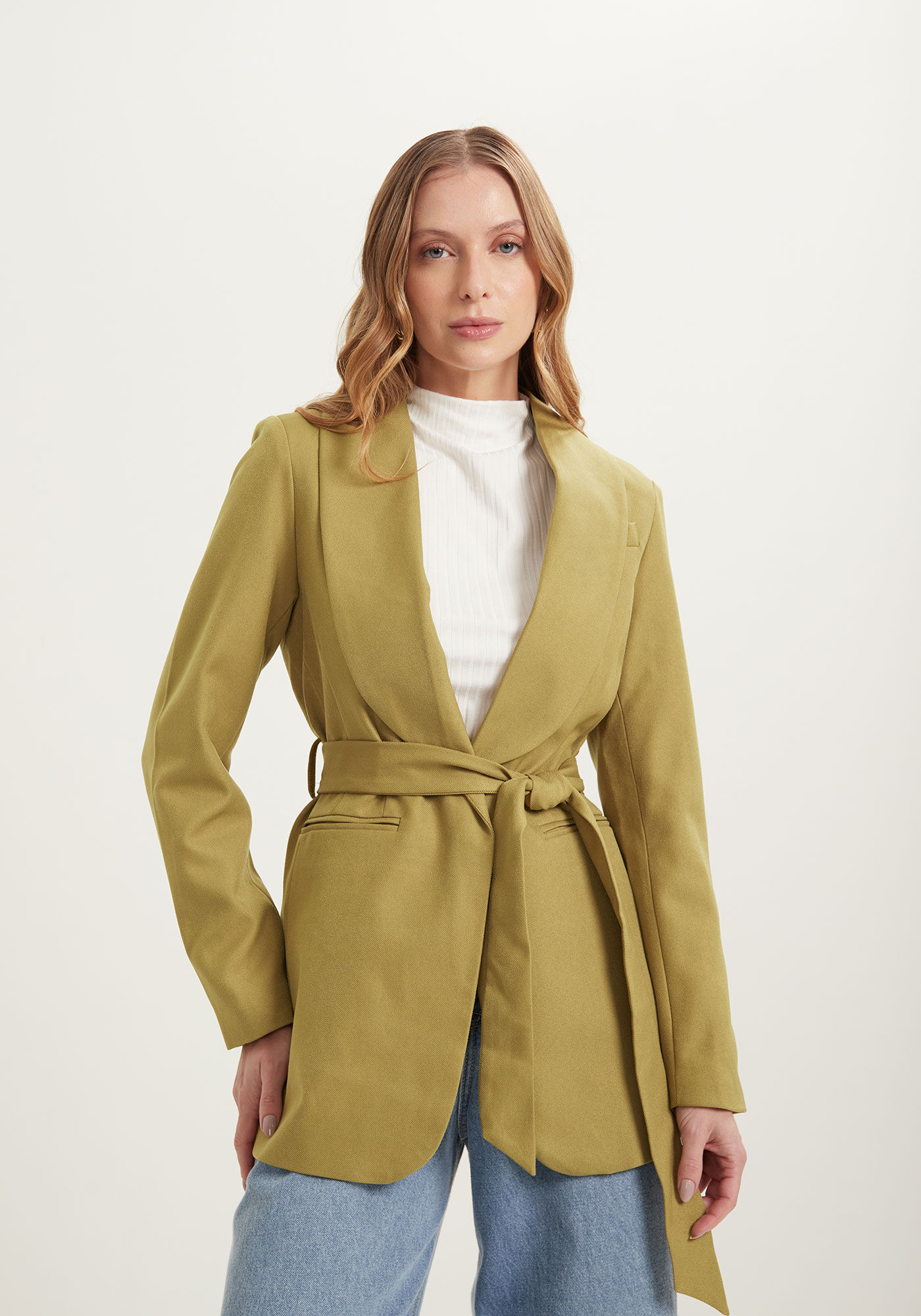 Blazer Alfaiataria Alongado Com Lapelas E Faixa Ajust&aacute;vel, VERDE NEW SOFT, large.