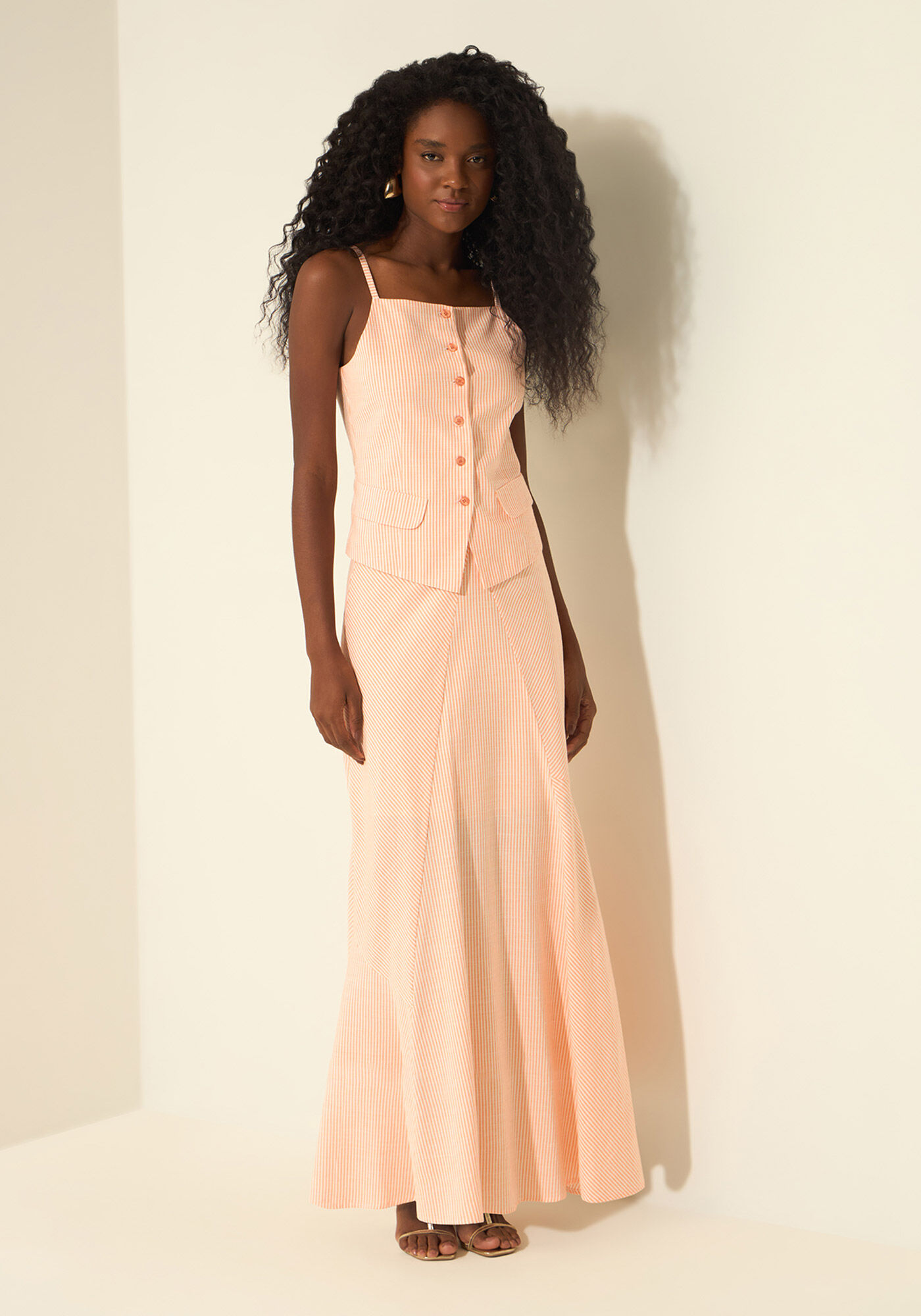 Blusa Listrada De Al&ccedil;as Com Bot&otilde;es, LARANJA SUMMERTIME, large.