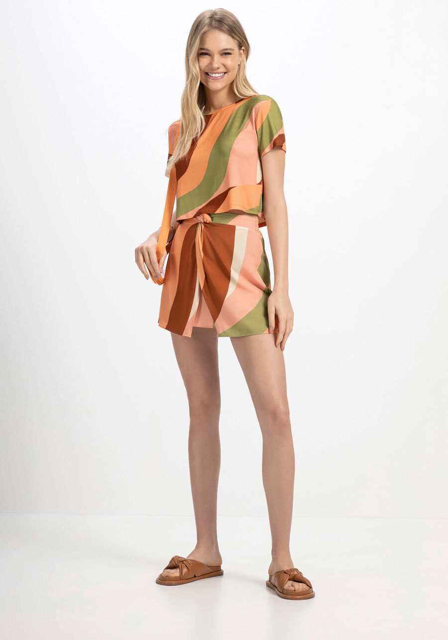 Saia Curta Estampada em Viscose com Torção, ARCO IRIS. Saia Curta Estampada em Viscose com Torção, ARCO IRIS, large.