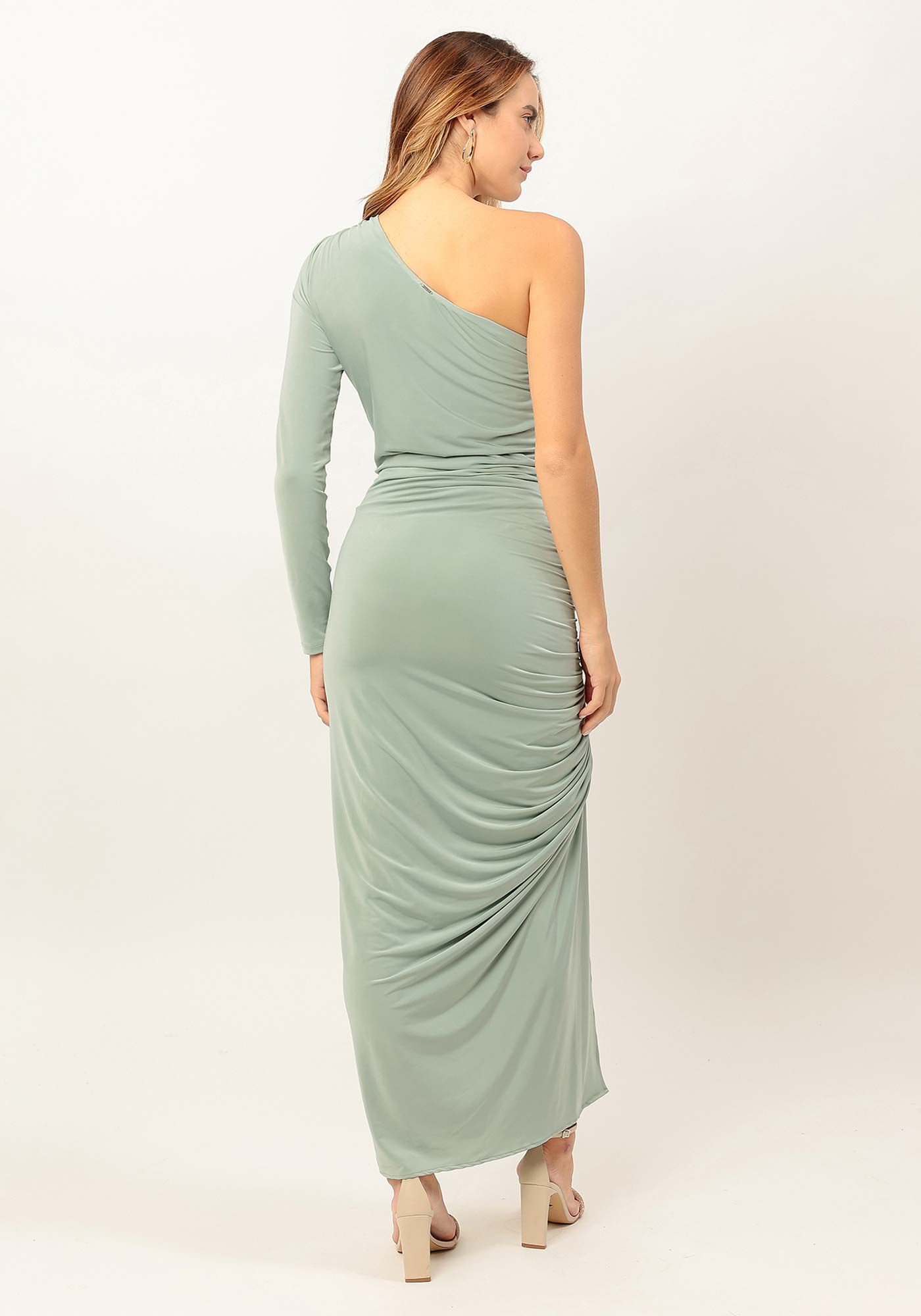 Vestido Midi Ombro S&oacute; Manga Longa Franzido, , large.