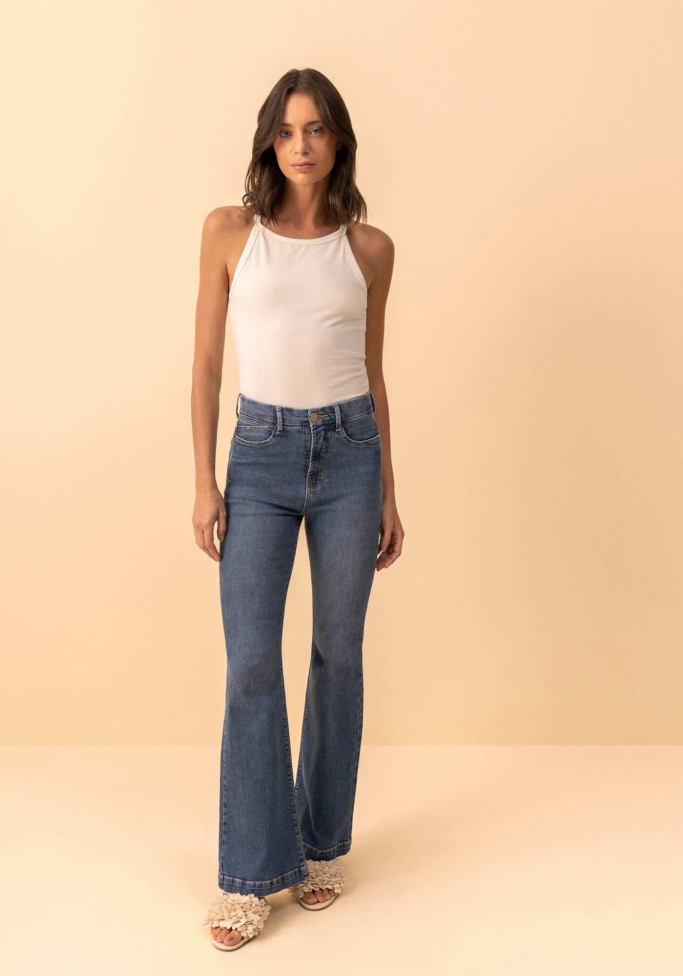 Cal&ccedil;a Jeans Flare Com Cintura Alta E Elastano Contour, JEANS, large.