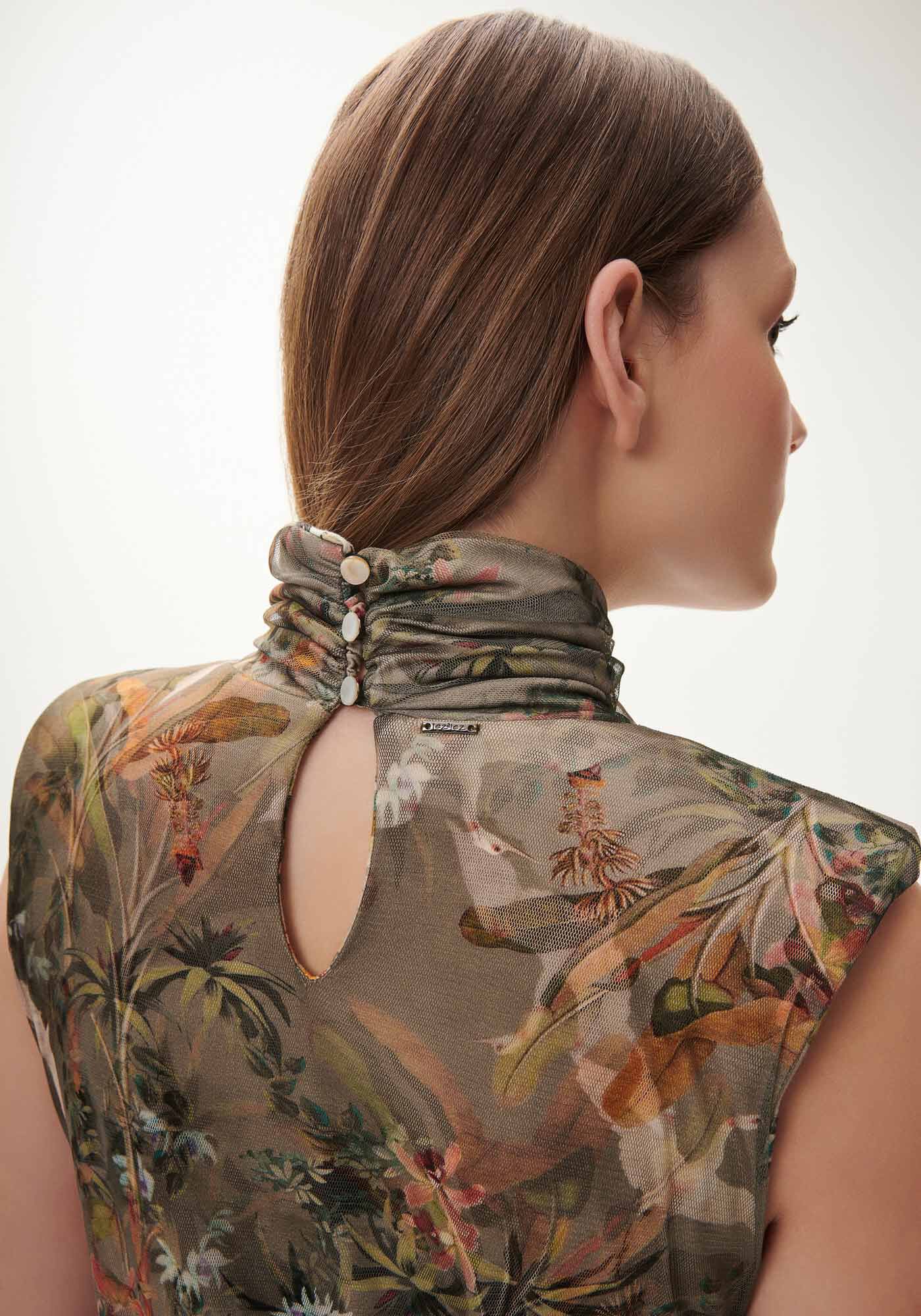 Vestido Midi em Tule Estampado com Gola Alta, , large.