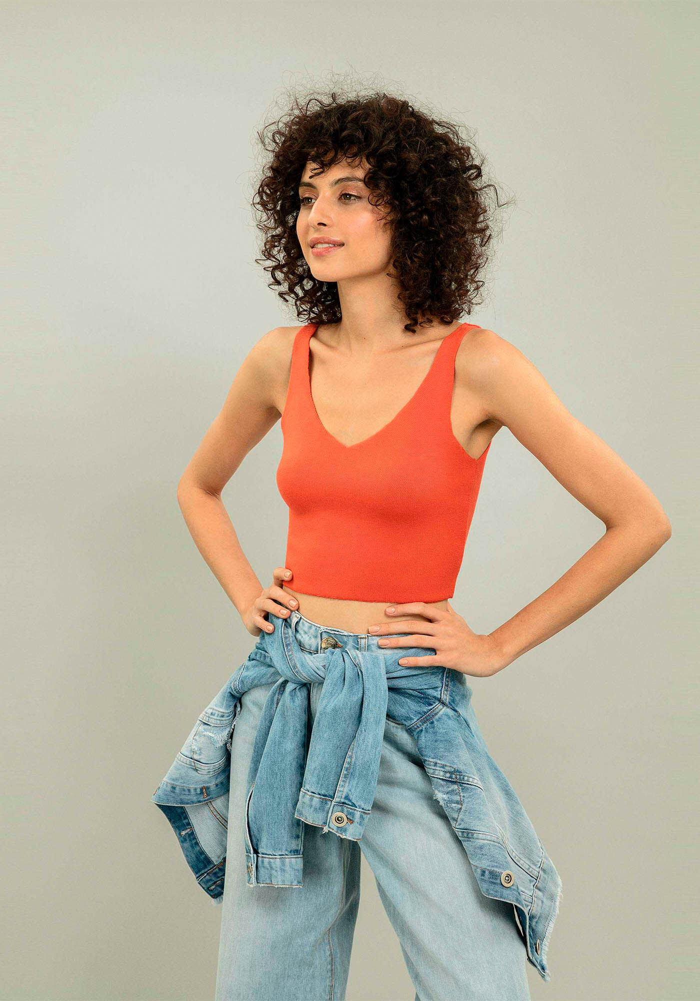 Blusa com Al&ccedil;as Decote V Tric&ocirc;, LARANJA, large.