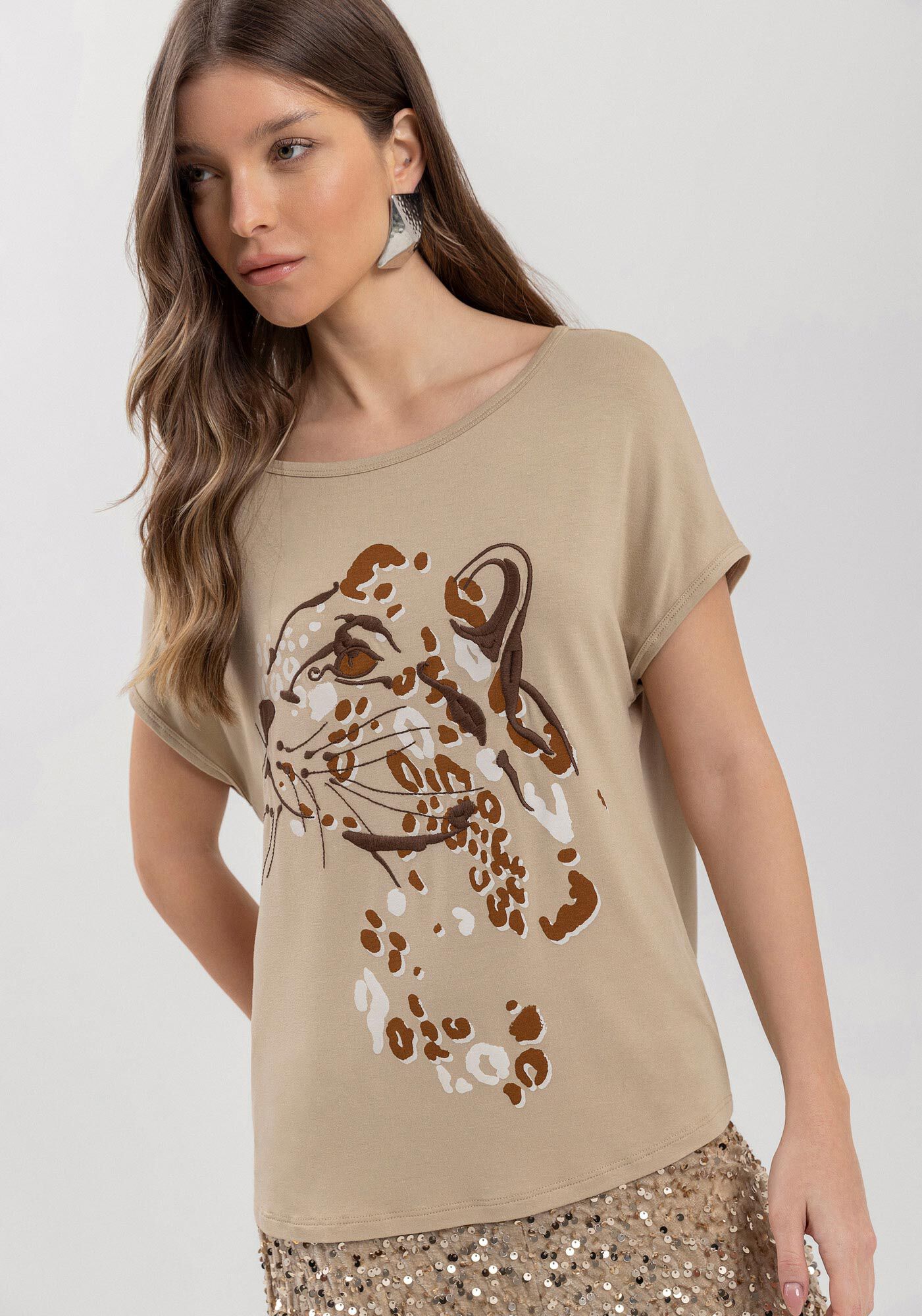 Blusa Com Bordado E Mangas Curtas Em Malha De Viscose, , large.