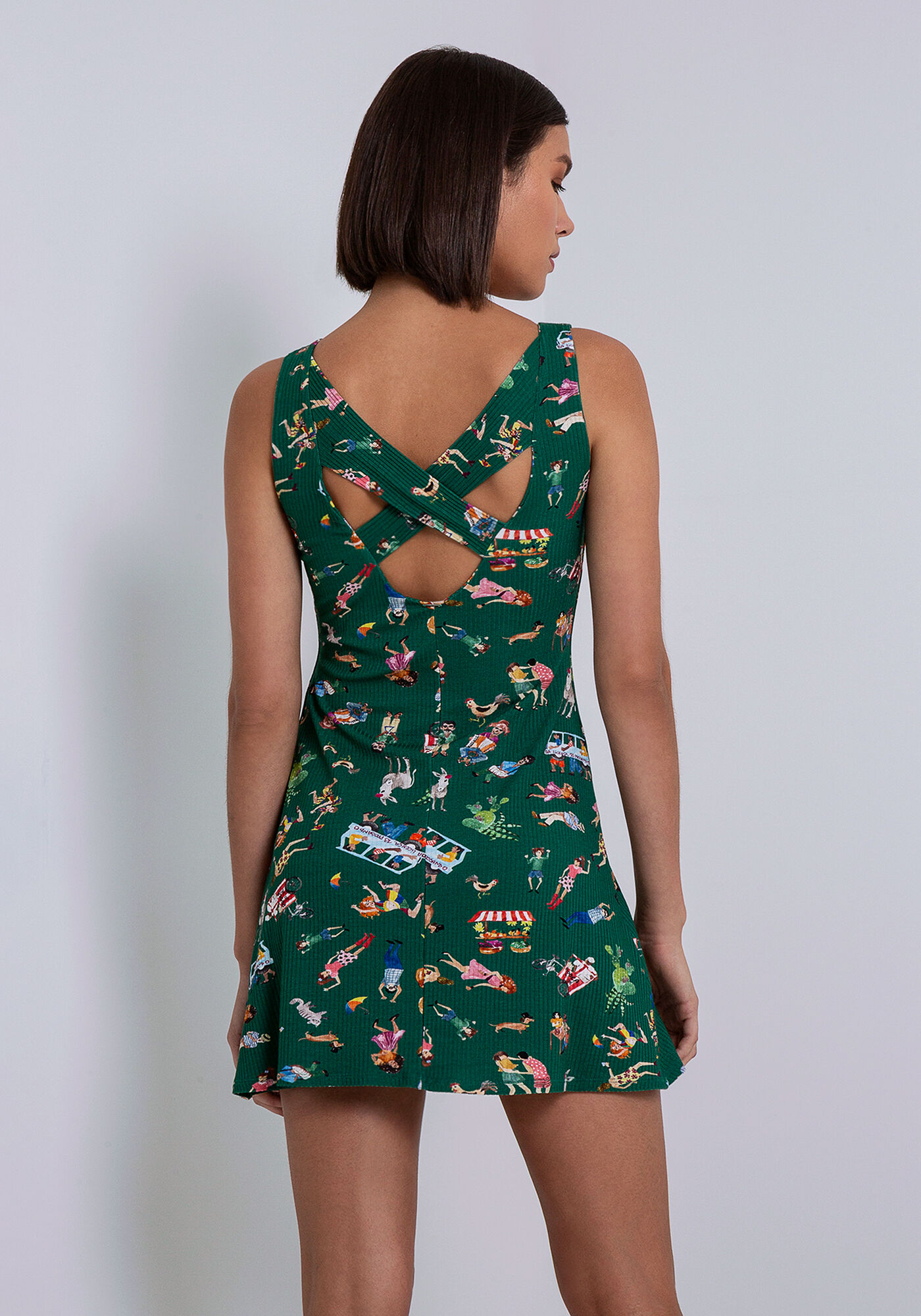 Vestido Estampado Canelado com Tiras Costas, FESTA DE RUA, large.