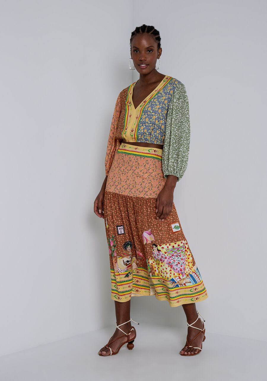 Saia Midi Estampada em Viscose com Fenda, . Saia Midi Estampada em Viscose com Fenda, , large.