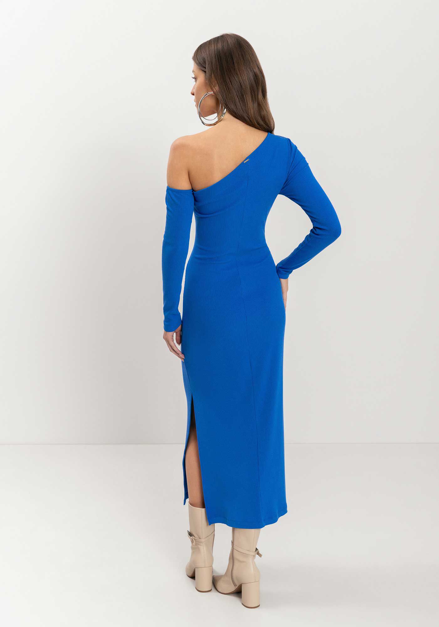 Vestido Um Ombro S&oacute; Ch&aacute; Em Malha Canelada, , large.