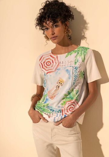 Blusa De Mangas Curtas Com Frente Estampada E Gola Redonda, BEGE ALHAMBRA. Blusa De Mangas Curtas Com Frente Estampada E Gola Redonda, BEGE ALHAMBRA, large.