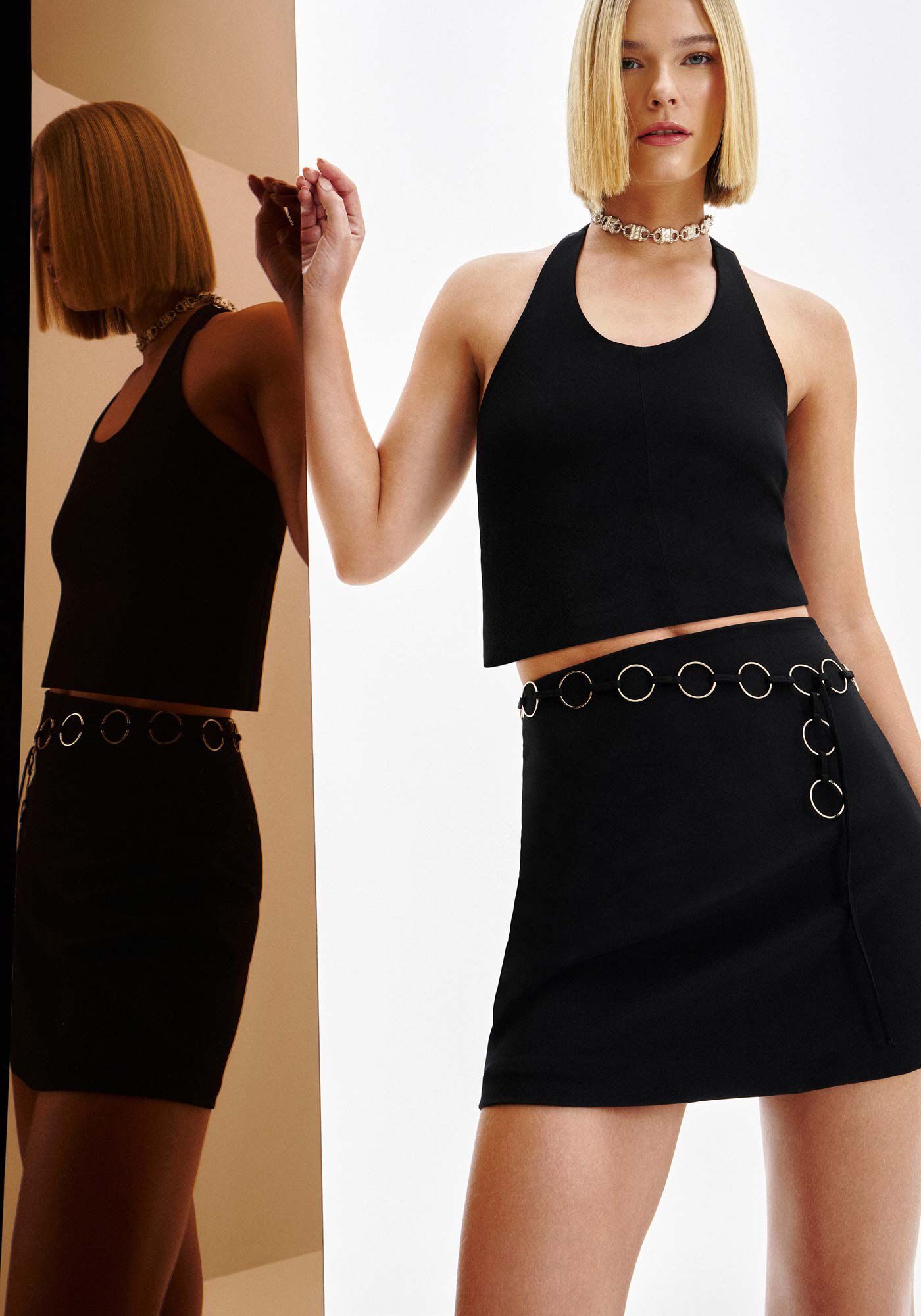 Saia Curta Alfaiataria com Cinto Corrente, , large.