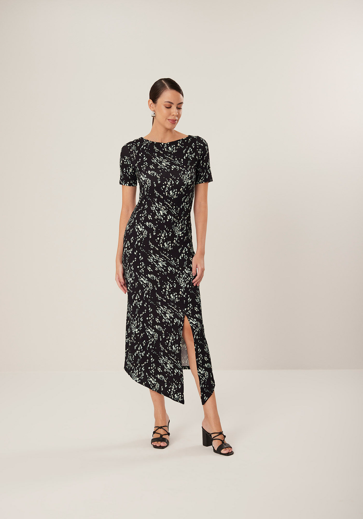 Vestido Midi Ch&aacute; Estampado Assim&eacute;trico Em Malha Canelada, , large.