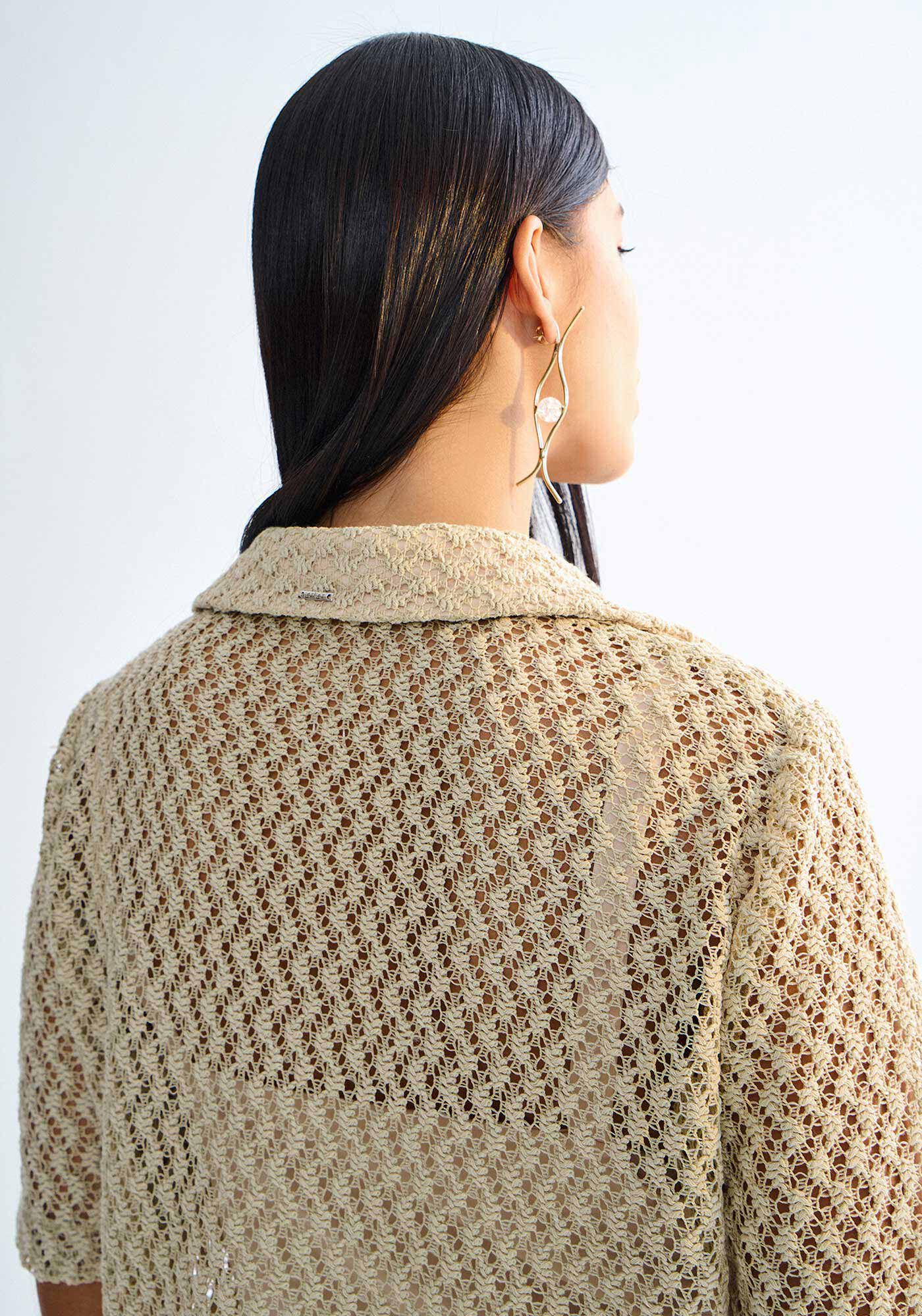 Camisa Manga Curta Cropped em Crochet com Blusa, , large.