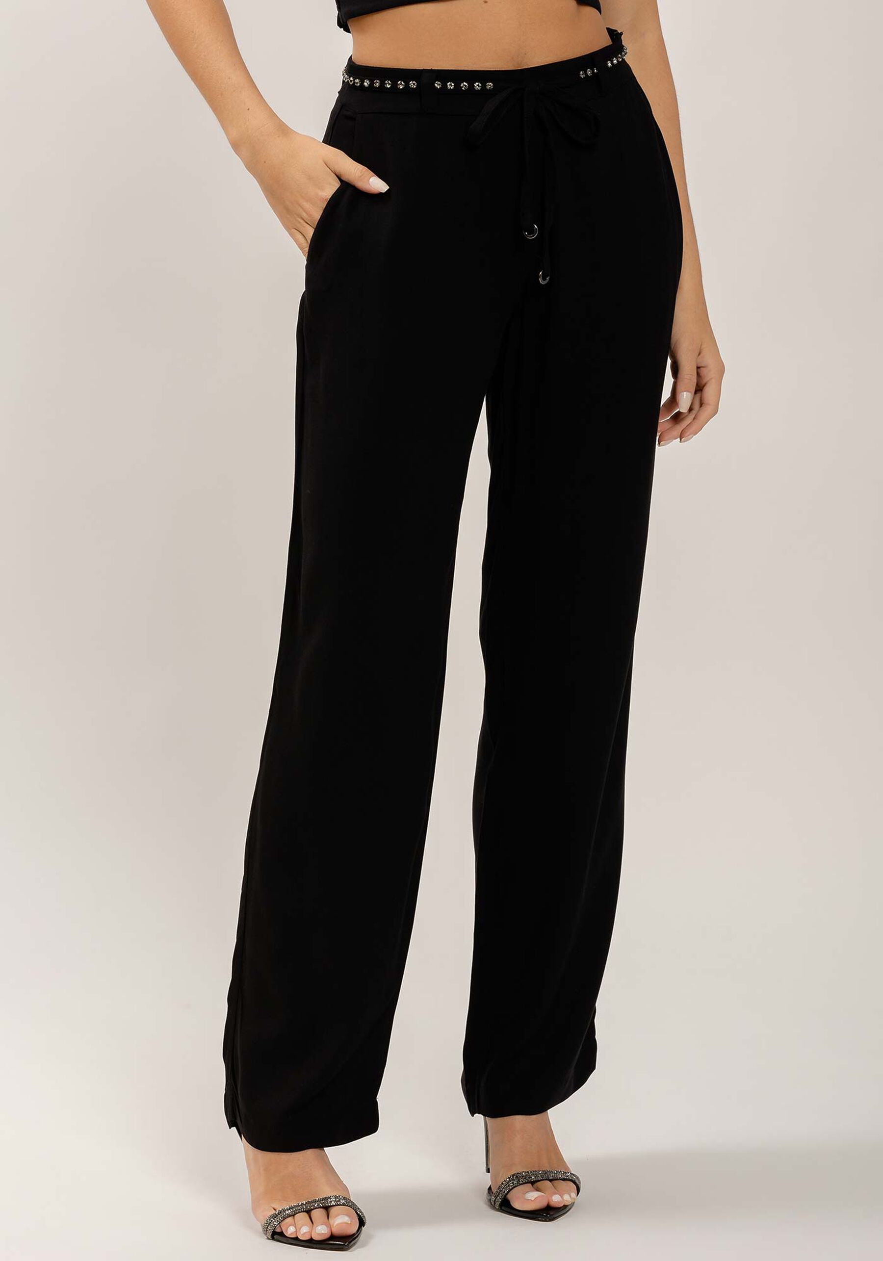 Calça Reta em Viscose com Cinto Strass, . Calça Reta em Viscose com Cinto Strass, , large.