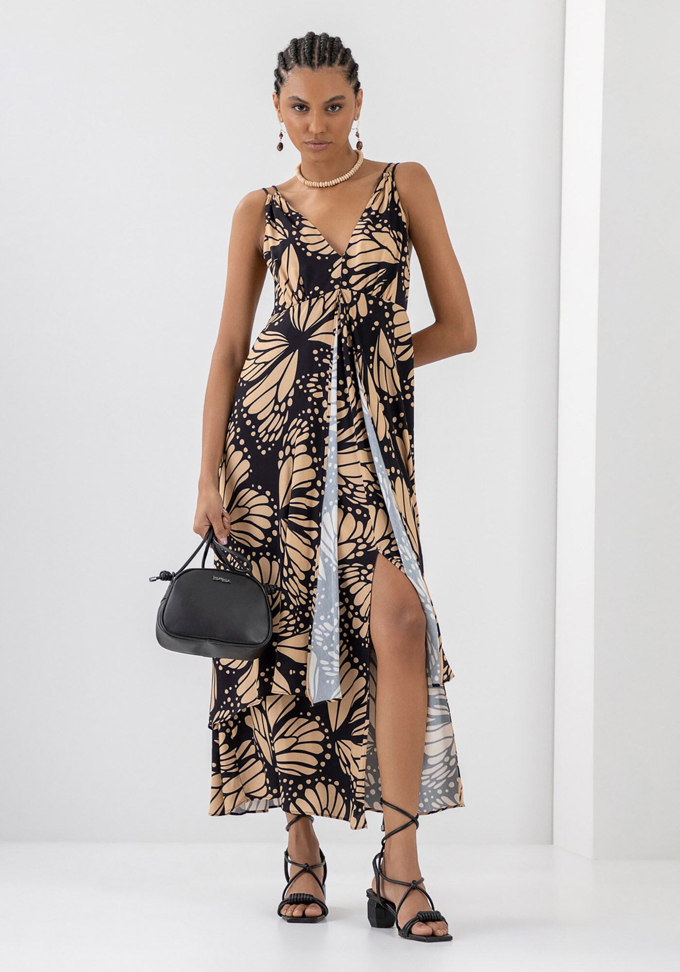 Vestido Midi Estampado com Recorte Sobreposto Lez a Lez