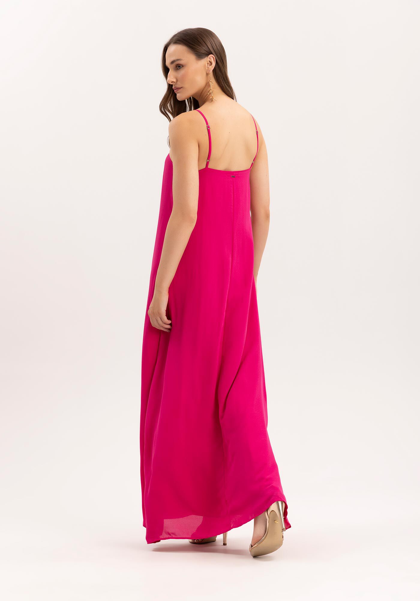 Vestido Longo Amplo em Crepe Franzido, ROSA SYRUP, large.
