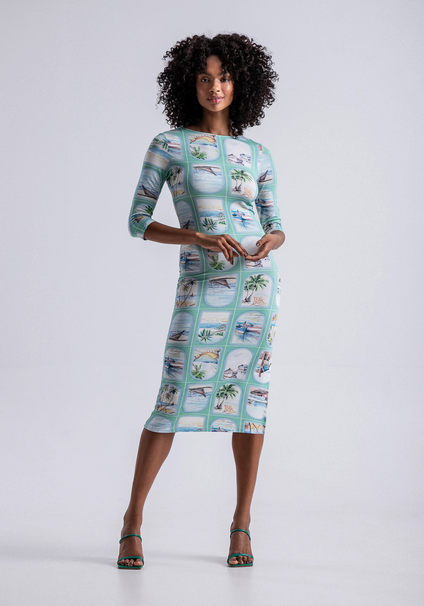 Vestido Midi Manga 3/4 em Malha com Recorte, VISTA, large.