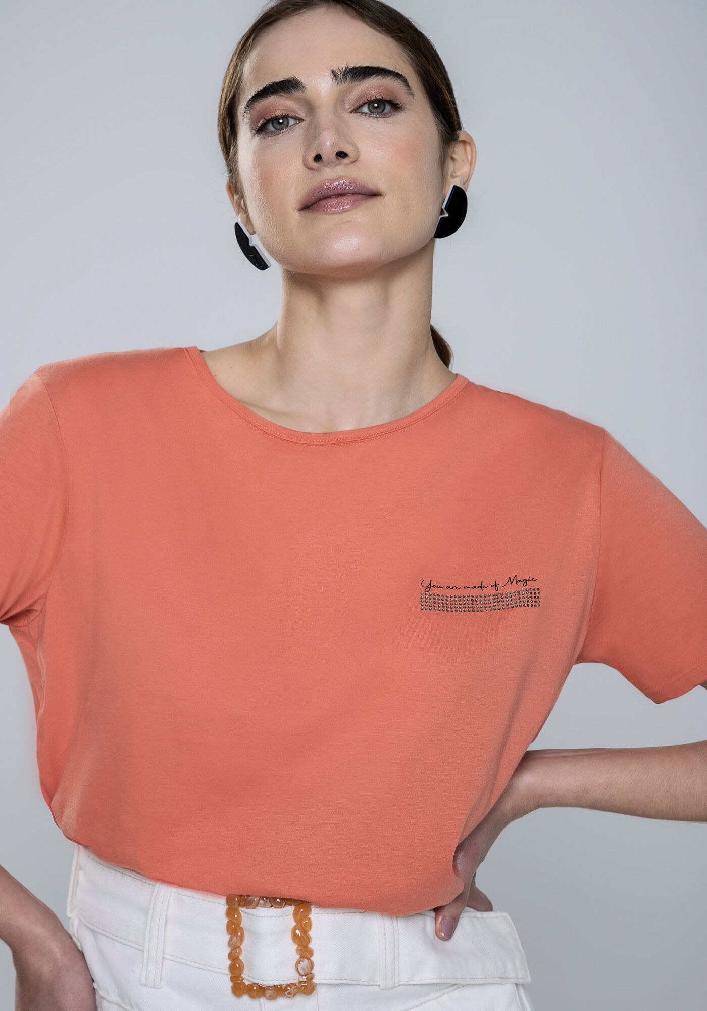 Blusa Manga Curta em Malha com Ombreiras, LARANJA VERBENA, large.