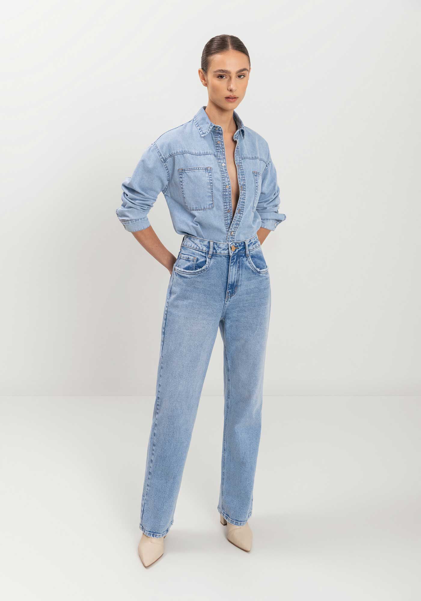 Cal&ccedil;a Reta Jeans Com Elastano E Cintura Alta, JEANS CLARO, large.