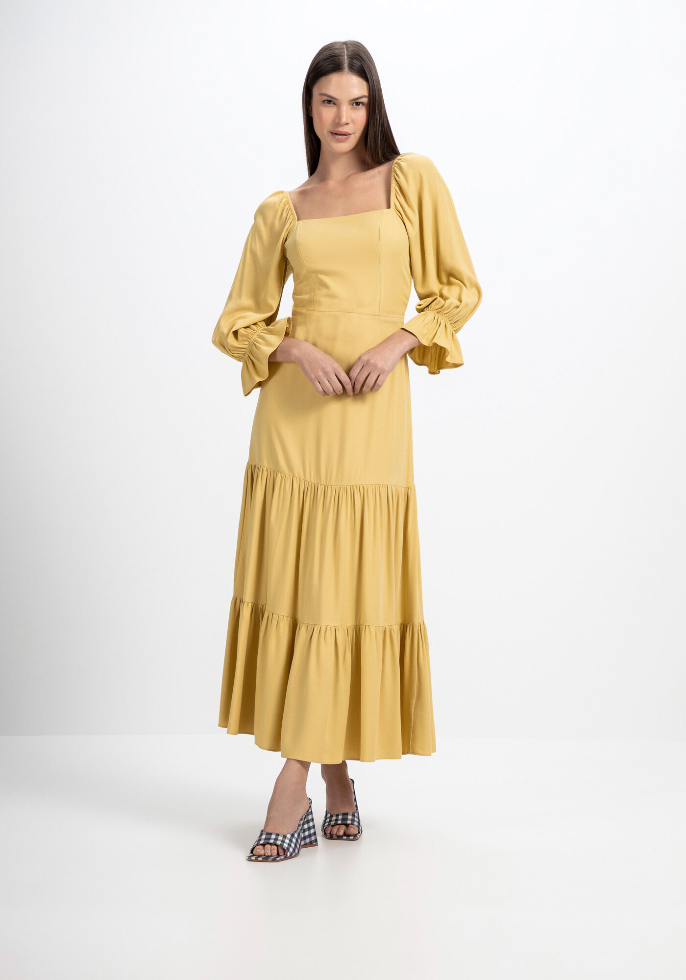 Vestido Midi com Manga Bufante e Babados, , large.