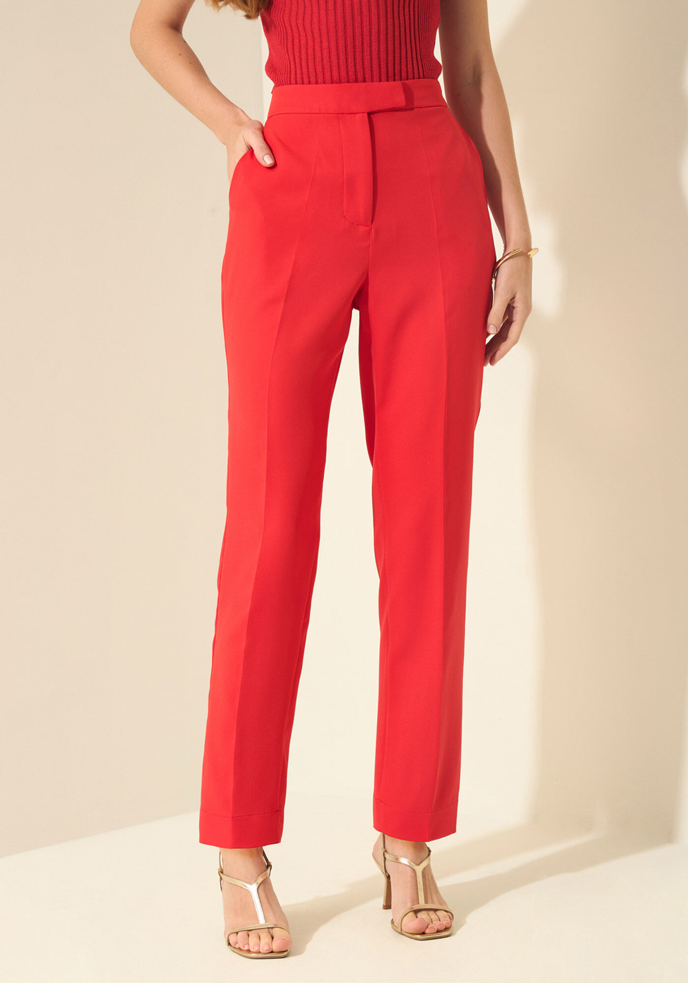 Cal&ccedil;a Carrot De Cintura Alta Em Alfaiataria, VERMELHO POWER, large.