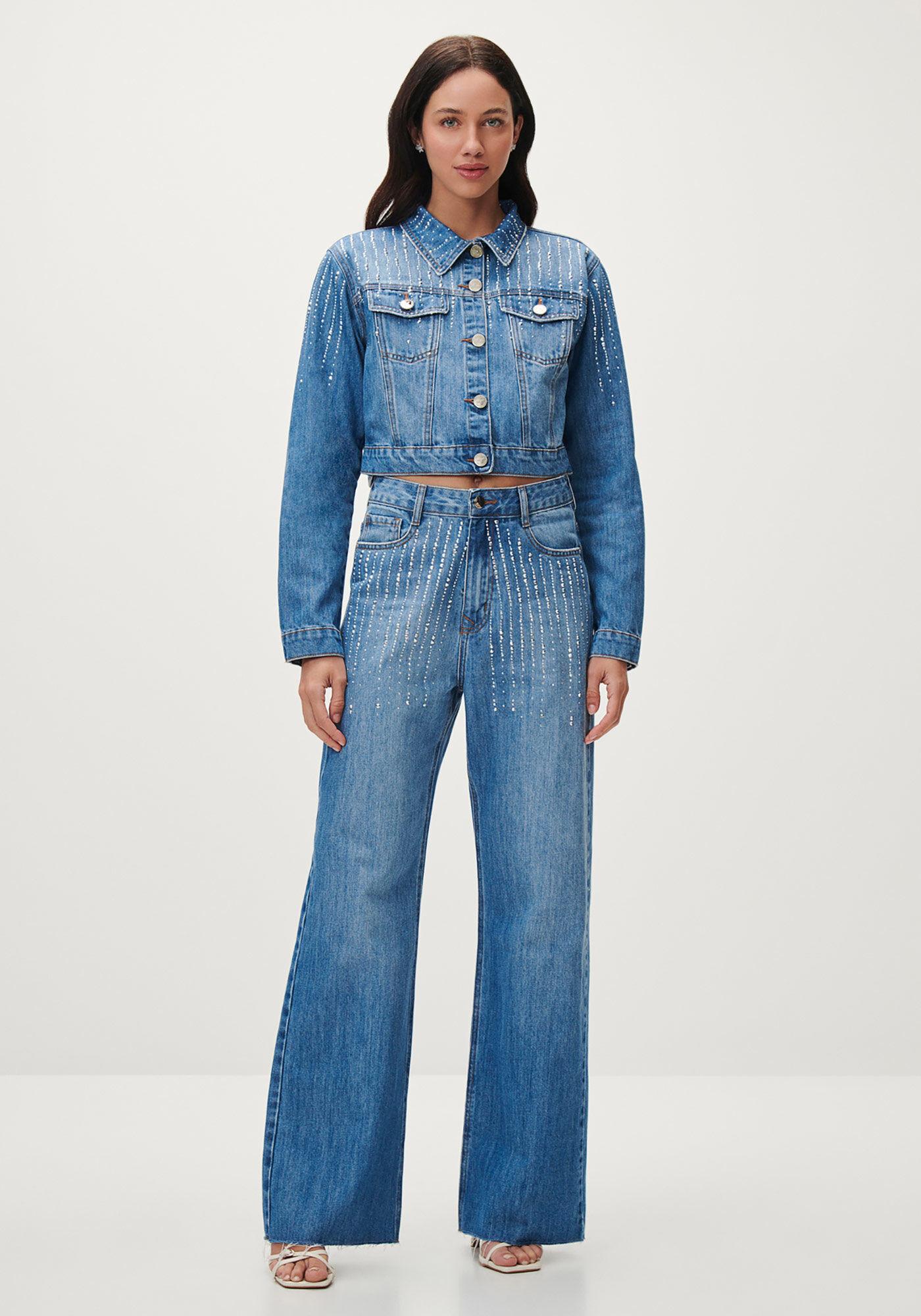 Jaqueta Jeans Cropped com Strass, , large.