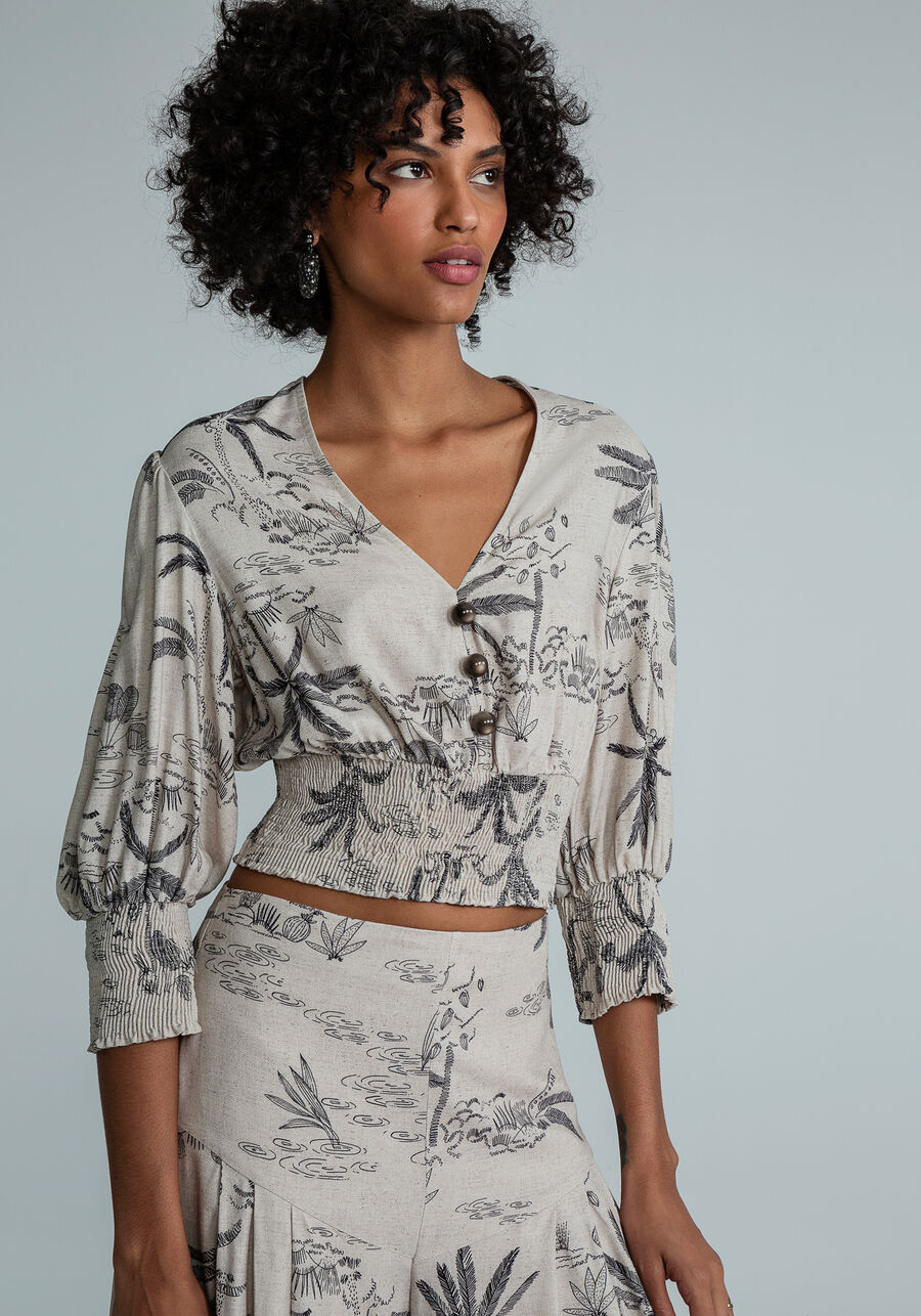 Blusa Cropped Manga 3/4 Lastex, REPOUSO. Blusa Cropped Manga 3/4 Lastex, REPOUSO, large.