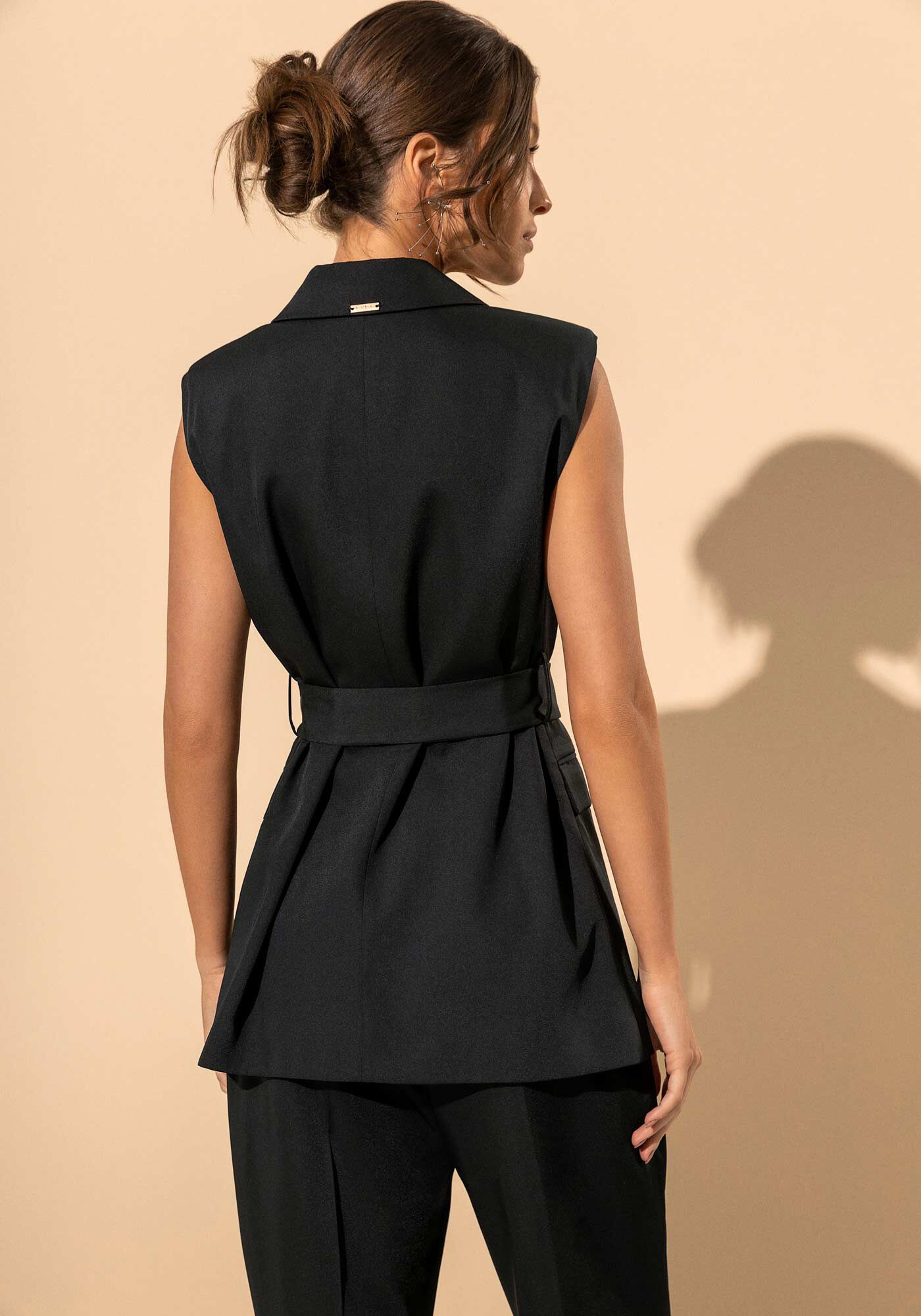 Colete Alongado Em Alfaiataria Com Lapelas E Cinto, PRETO, large.