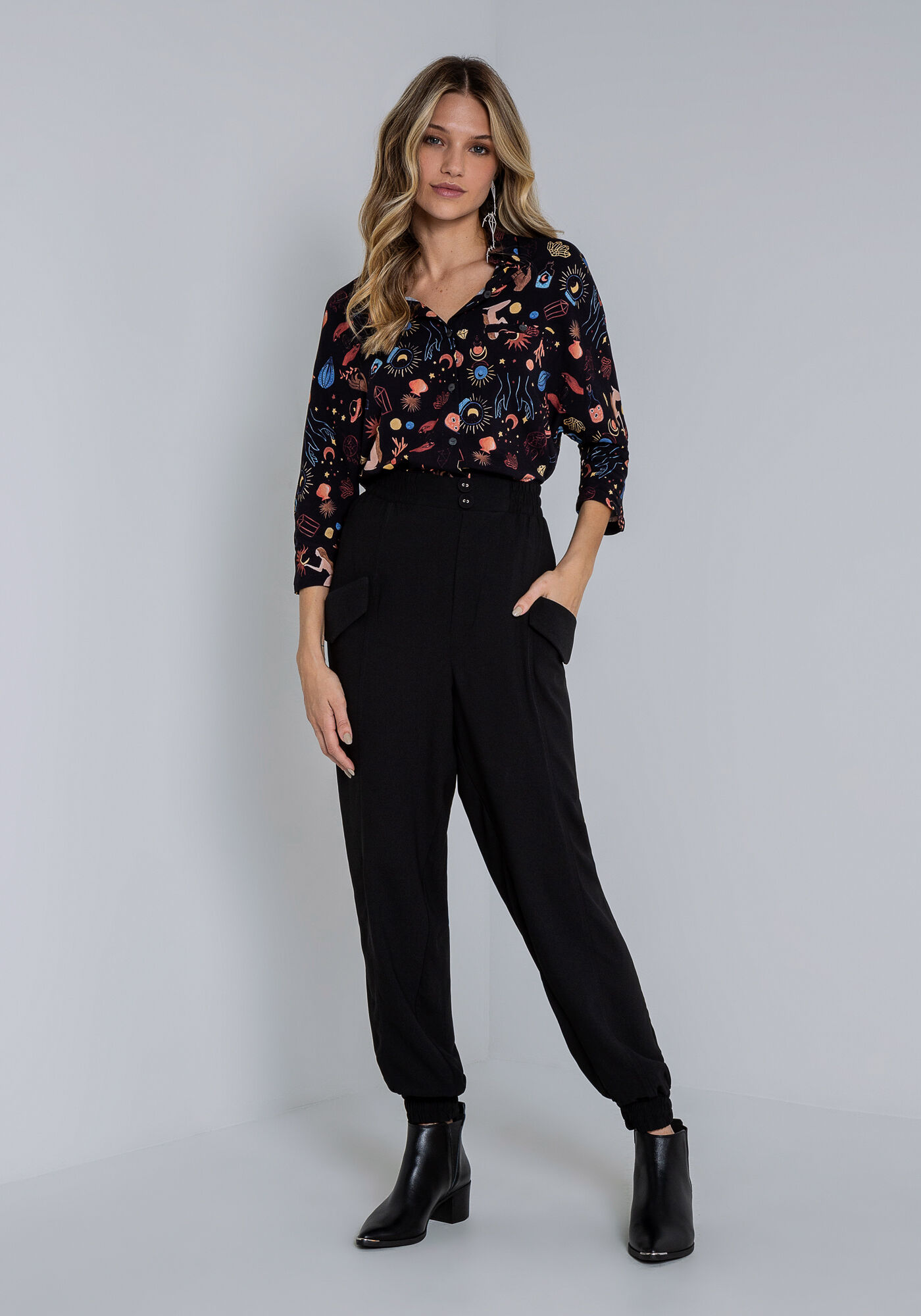 Camisa Manga 3/4 em Viscose Estampada, ENIGMA, large.