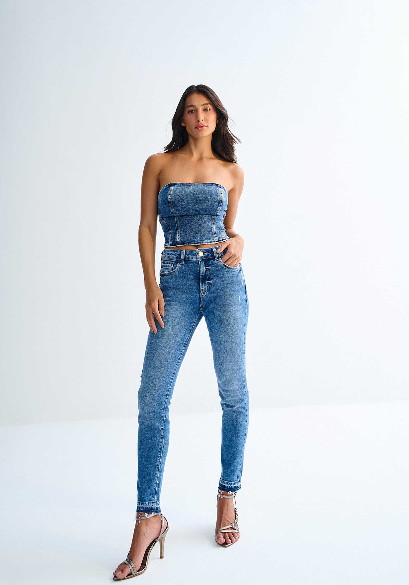 Top Jeans Cropped Tomara que Caia com Elasticidade, JEANS, large.