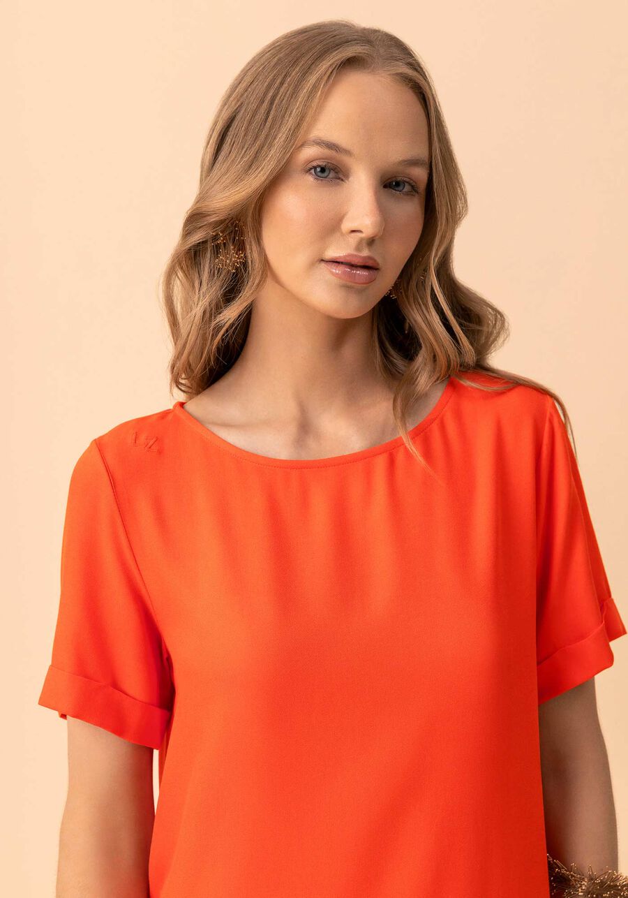 Vestido Curto Básico De Mangas Curtas Com Bordado Localizado, LARANJA PAIXAO. Vestido Curto Básico De Mangas Curtas Com Bordado Localizado, LARANJA PAIXAO, large.
