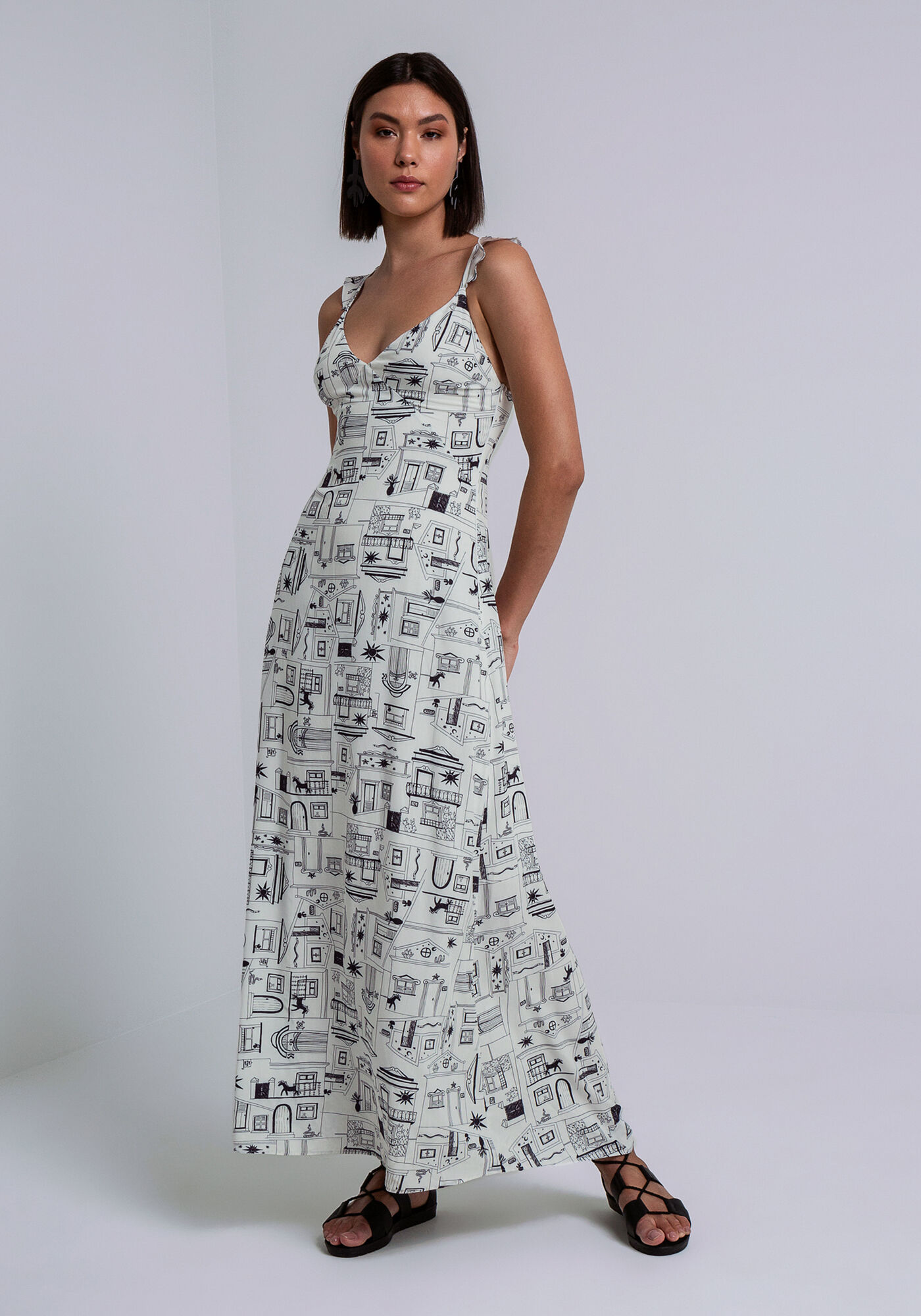 Vestido Longo em Viscose com Babado Al&ccedil;as, , large.